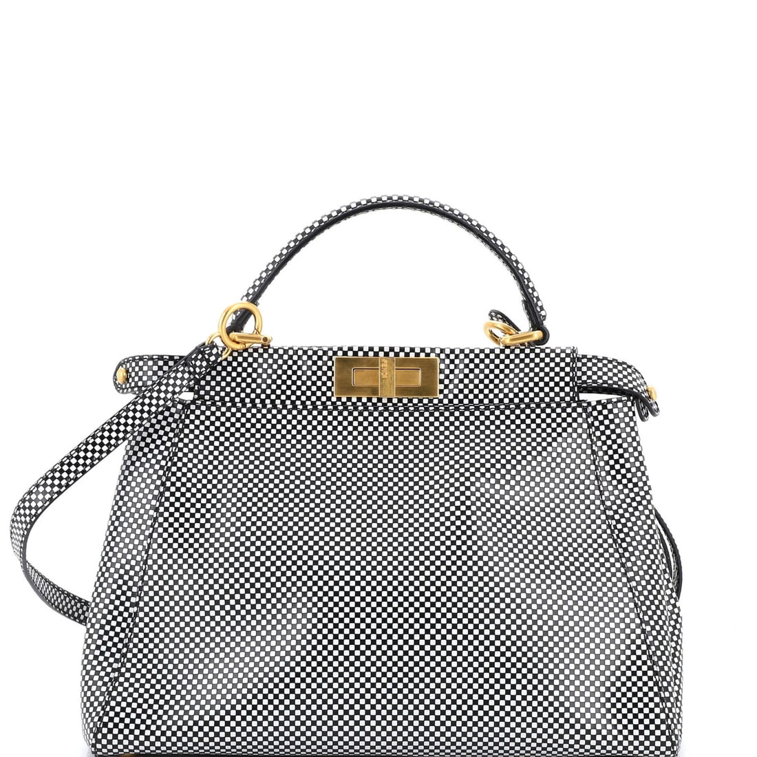 Regular leather bag check print Fendi Peekaboo.: Regular leather bag check print Fendi Peekaboo. This Fendi Peekaboo bag check print leather shoulder bag boasts a striking print design and classic style, with a regular size that fits perfectly. The