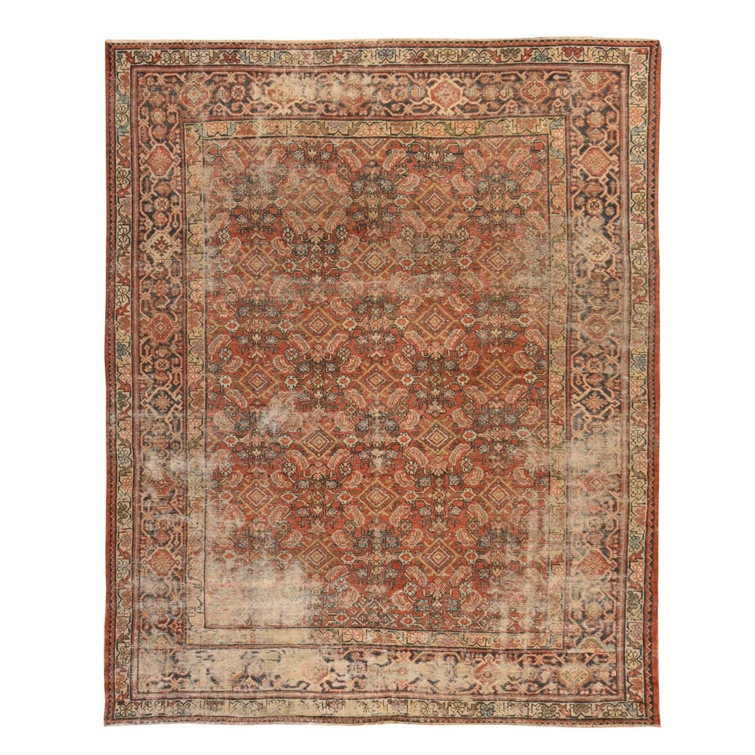 8'x10'6" Red Antique Zoroastrian Mahal Herat Design Wool Hand Knotted Rug: 8'x10'6" Red Antique Zoroastrian Mahal Herat Design Wool Hand Knotted Rug The Zoroastrian Mahal Herat design wool hand-knotted rug boasts an all-over rectangular field in rich red, complemented by