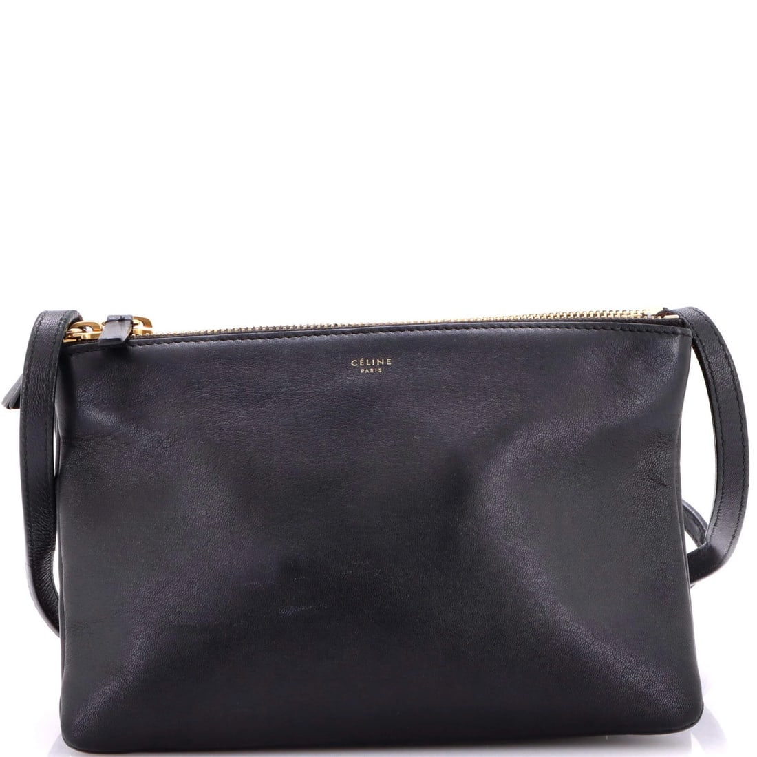 Small leather bag crossbody trio Celine: Small leather bag crossbody trio Celine Small leather bag crossbody trio Celine in black exterior with gray interior and gold hardware, featuring a classic design with heavy corner wear, scuffs, edge 