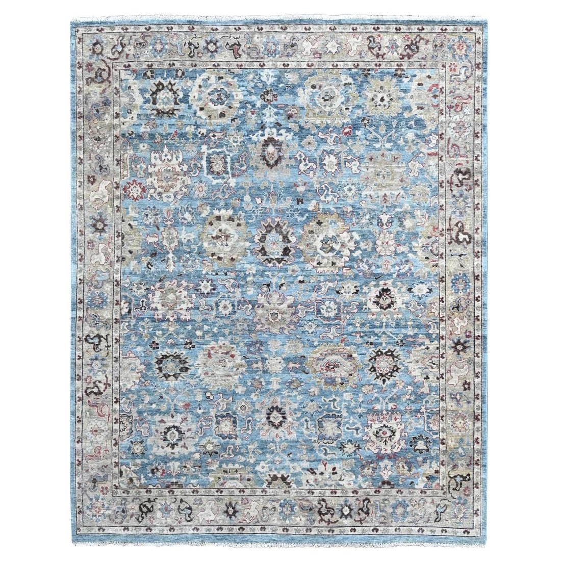 7'8"x9'8" Maya Blue Antiqued Tebraz Distressed Pure Wool Hand Knotted Rug: 7'8"x9'8" Maya Blue Antiqued Tebraz Distressed Pure Wool Hand Knotted Rug The Maya Blue Antiqued Tebraz Distressed Pure Wool Hand Knotted Rug boasts an impressive rectangular field with a rich blue