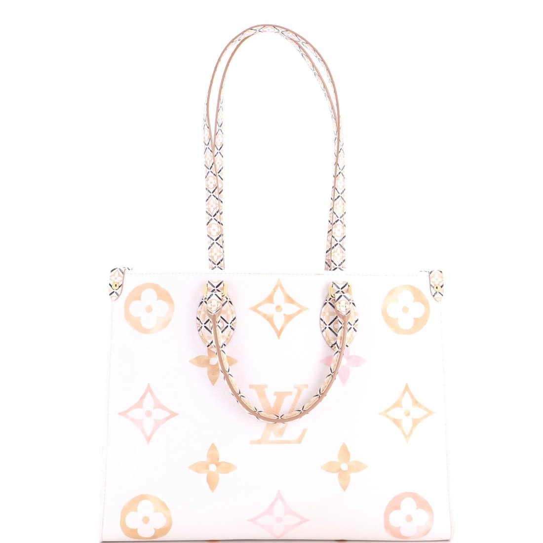 OnTheGo Tote Monogram Watercolor Giant Louis Vuitton: OnTheGo Tote Monogram Watercolor Giant Louis Vuitton Canvas Coated Louis Vuitton Tote in White with Giant Monogram Watercolor Print, featuring a neutral interior and gold hardware. The tote measures