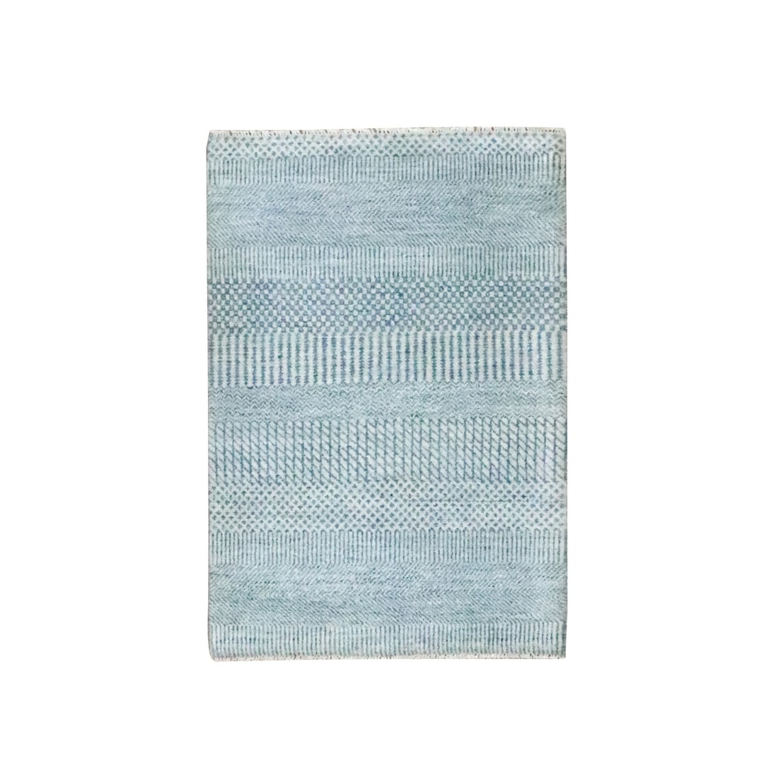 2'x3' Yonder Blue Modern Grass Design Hand Knotted Wool with Silk Mat Rug: 2'x3' Yonder Blue Modern Grass Design Hand Knotted Wool with Silk Mat Rug The Yonder Blue Modern Grass Design Hand Knotted Wool with Silk Mat Rug boasts a striking blue hue and intricate hand-knotted 