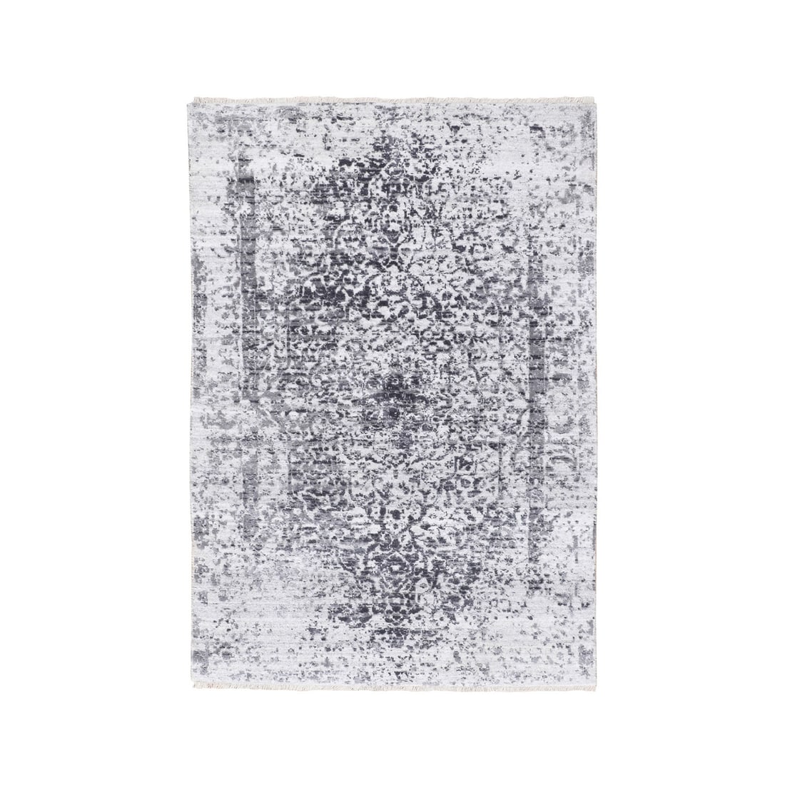 3'x5'1" Wool And Silk Hand Knotted Broken Design Oriental Fine Rug: 3'x5'1" Wool And Silk Hand Knotted Broken Design Oriental Fine Rug This stunning 3'0" x 5'1" hand-knotted wool and silk rug boasts an intricate broken design in a rich grey colour. The oriental