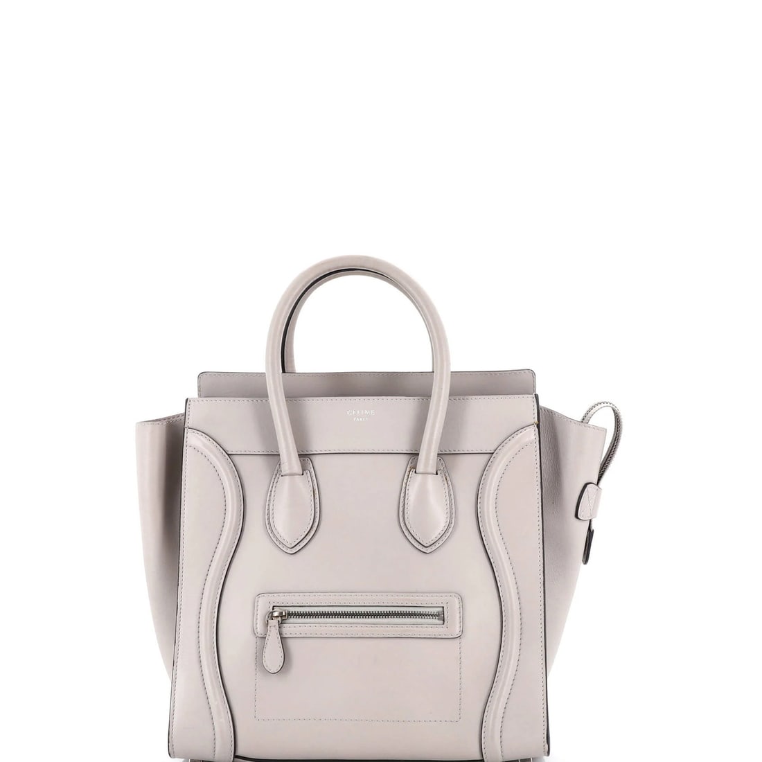 Celine Luggage Bag Smooth Leather Mini: Celine Luggage Bag Smooth Leather Mini Smooth leather exterior, neutral color, and classic design make this Celine Luggage Bag Mini a timeless accessory. With its 12" height, 5.5" handle drop, and 21.
