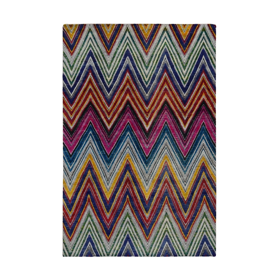Hand knotted chevron design sari silk rug rouge pink wool: Hand knotted chevron design sari silk rug rouge pink wool Hand-knotted in silk and wool, this vibrant rouge pink chevron design sari rug boasts an eye-catching rectangular field with intricate