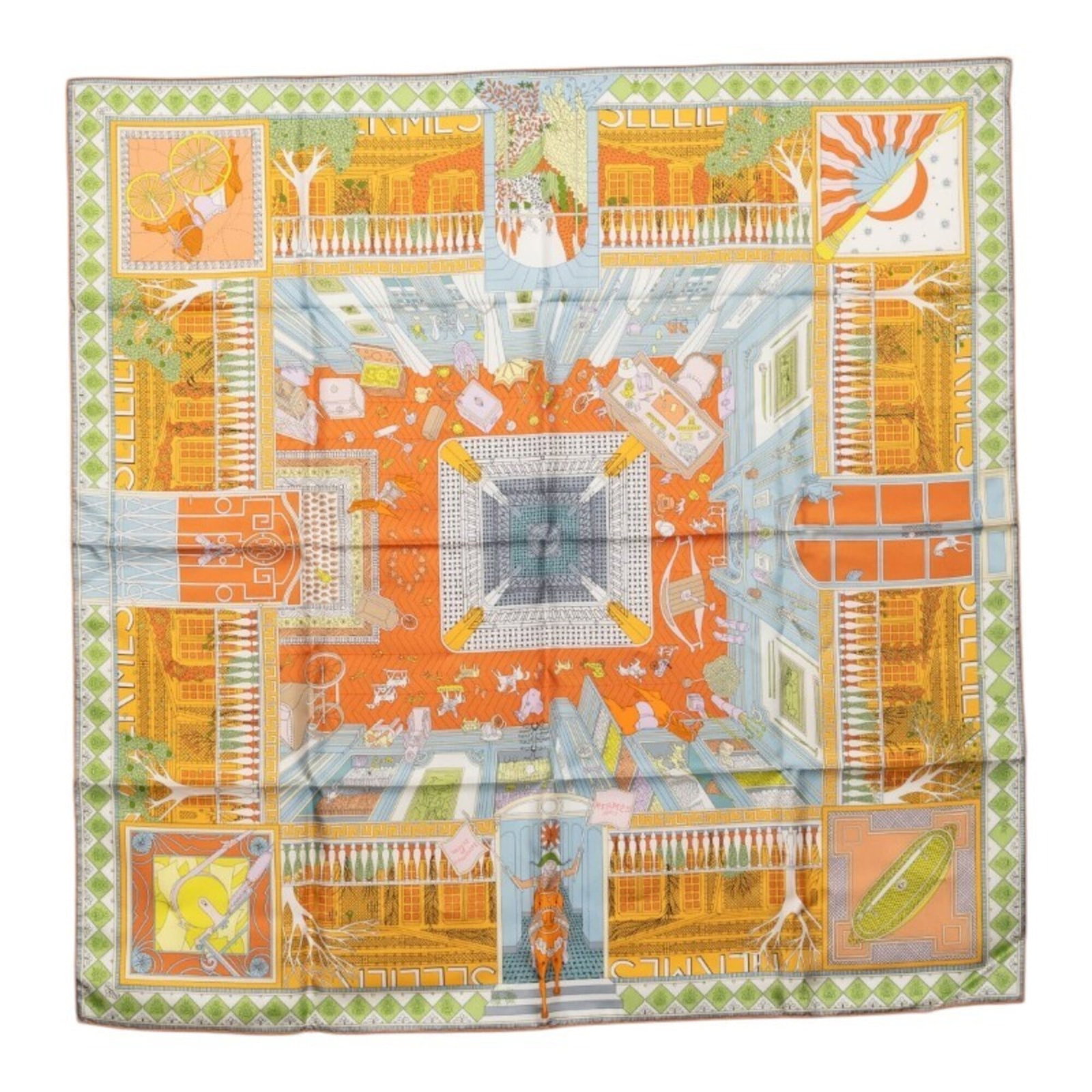Hermes silk scarf: Hermes silk scarf Silk scarf from renowned brand Hermes, boasting vibrant multi-color design and striking orange hue. Measuring 88.5cm x 87cm, this luxurious silk accessory features a rich texture and