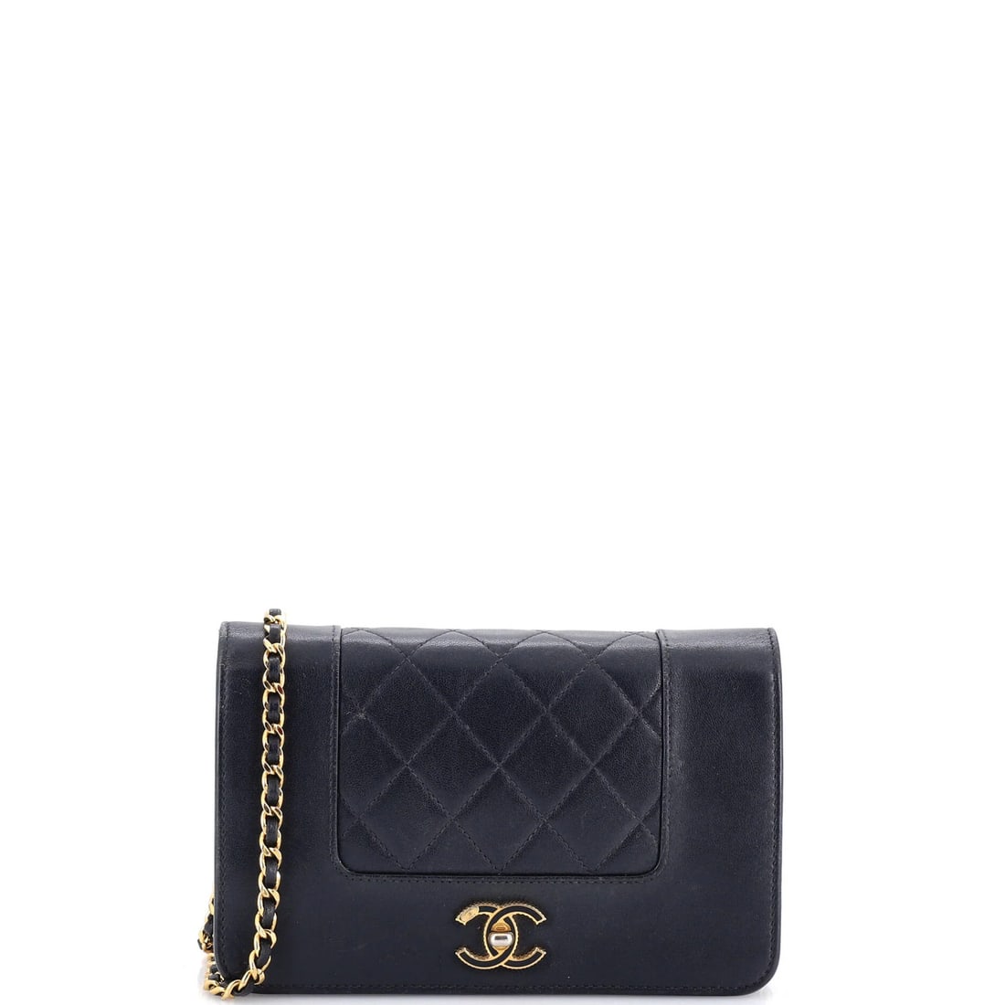 Sheepskin Quilted Chanel Wallet Vintage Mademoiselle on Chain: Sheepskin Quilted Chanel Wallet Vintage Mademoiselle on Chain Blue quilted sheepskin exterior, gold hardware, and brown interior fabric make up this unique Mademoiselle Vintage Wallet on Chain