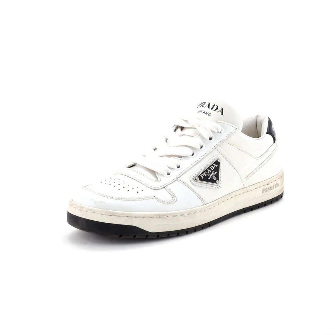 Women's Leather Downtown Low Top Sneakers: Women's Leather Downtown Low Top Sneakers White Leather Downtown Low-Top Sneakers from Prada, featuring a classic design with black and white accents. The shoes showcase a mix of darkening, marks,