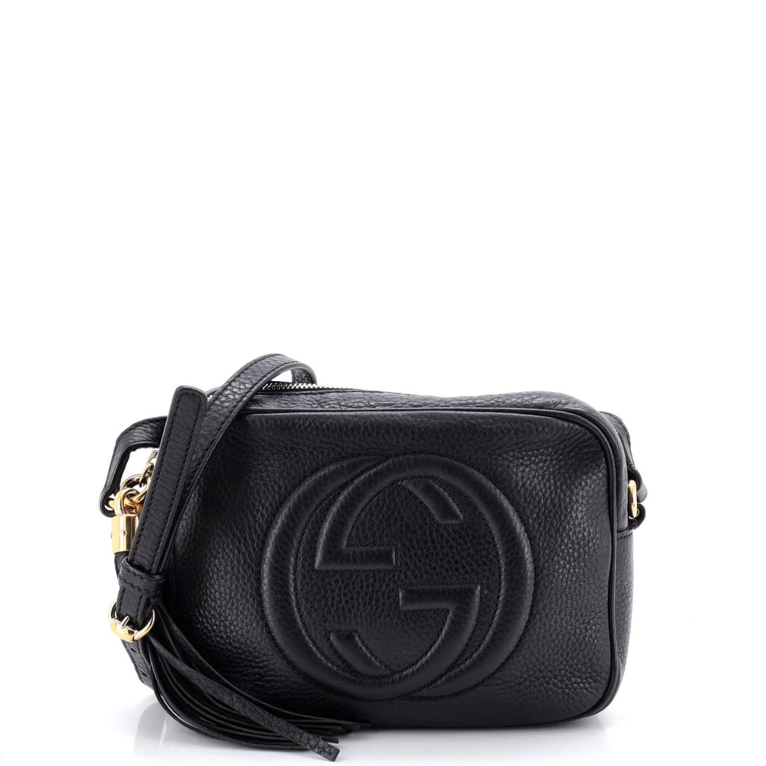 Small Crossbody Bag Leather Disco Gucci Soho: Small Crossbody Bag Leather Disco Gucci Soho Small Leather Gucci Soho Crossbody Bag with Gold Hardware, featuring a classic black exterior and neutral interior. This stylish bag has some signs of