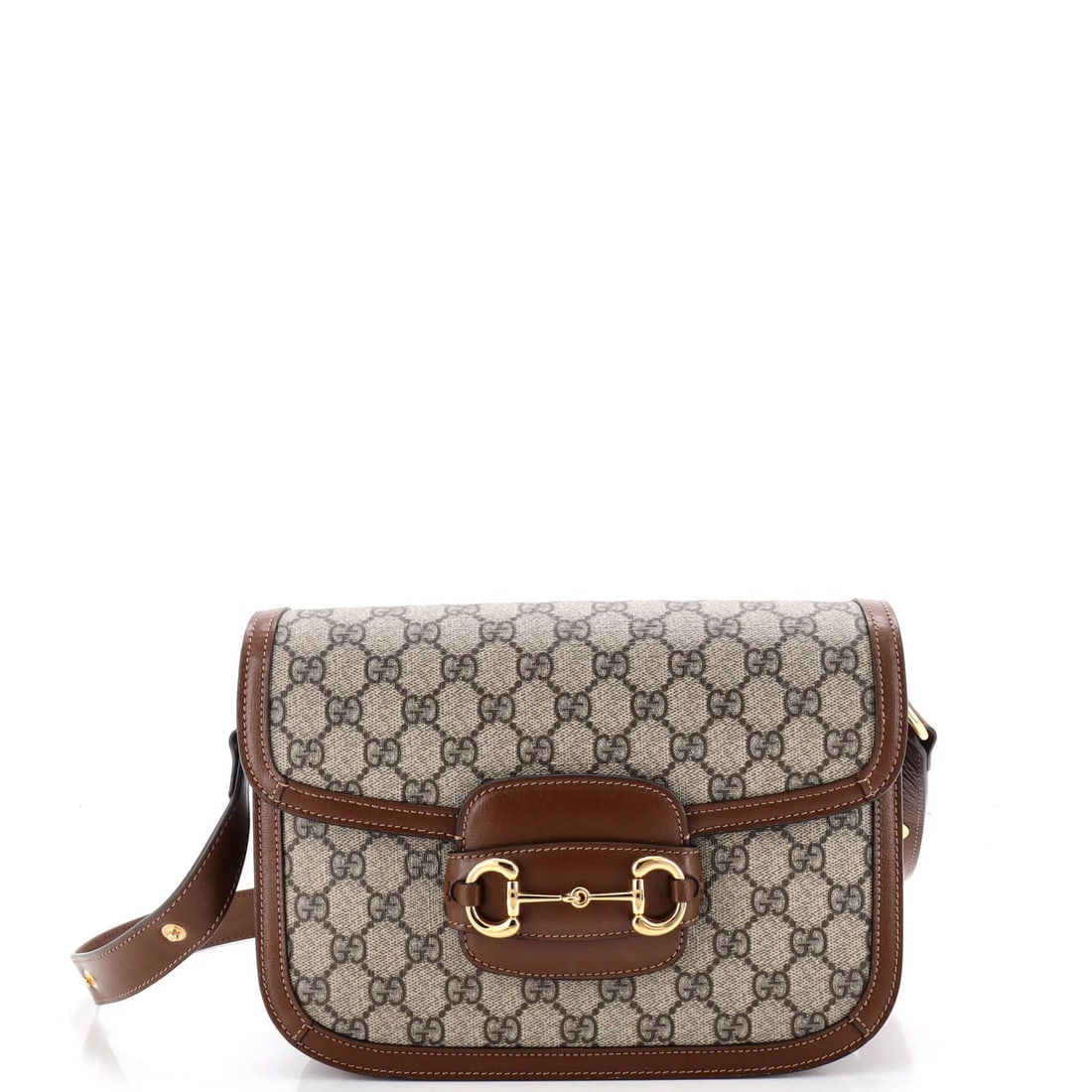 Gucci Horsebit 1955 Shoulder Bag With Leather Small Coated Canvas GG: Gucci Horsebit 1955 Shoulder Bag With Leather Small Coated Canvas GG The Gucci Horsebit 1955 Shoulder Bag with Leather Small Coated Canvas GG boasts a rich, brown canvas exterior and leather accents,