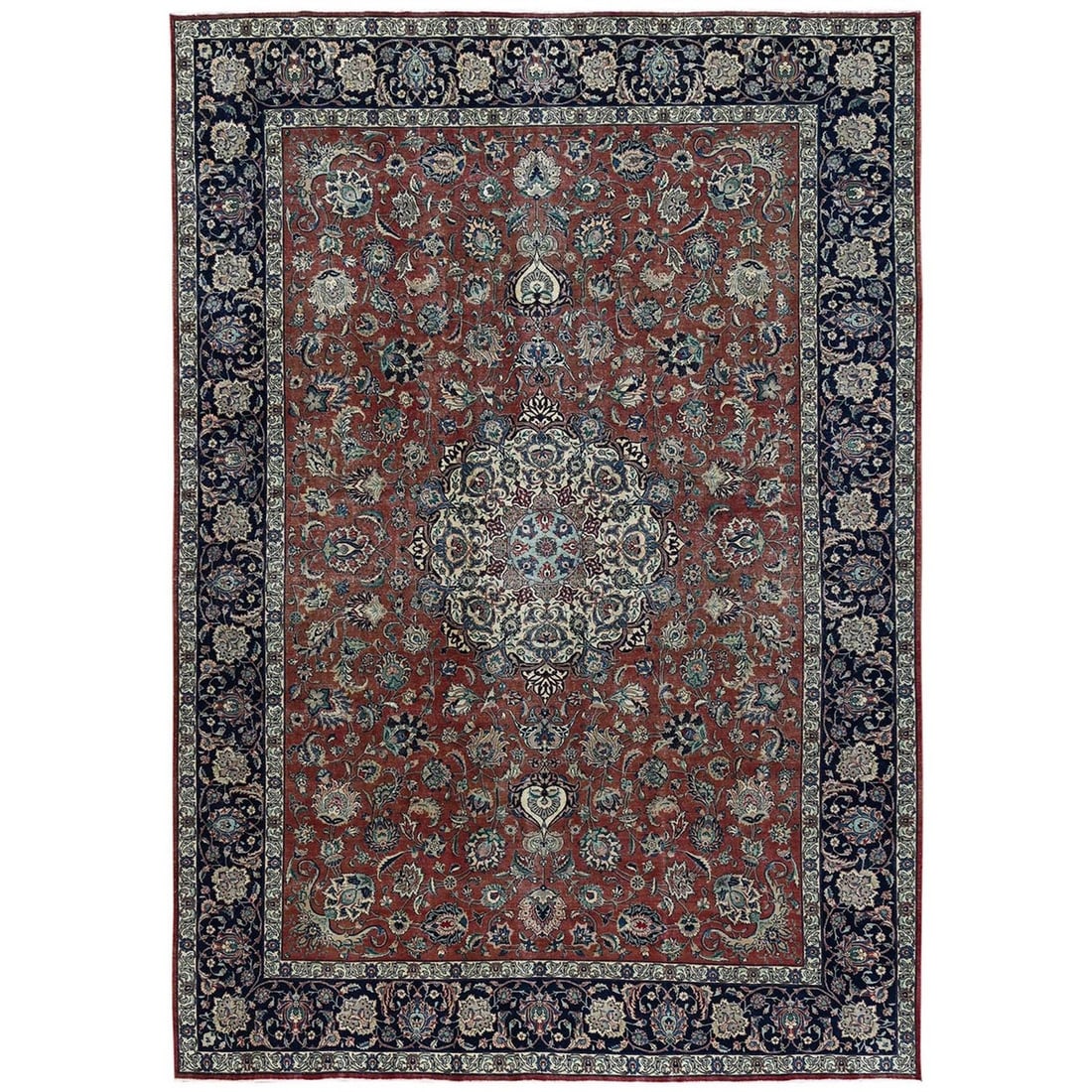 10'10"x15'4" Brown Vintage Zoroastrian Mesheed Wool Hand Knotted XL Rug: 10'10"x15'4" Brown Vintage Zoroastrian Mesheed Wool Hand Knotted XL Rug Brown Vintage Zoroastrian Mesheed Wool Hand Knotted XL Rug, measuring 10'10"x15'4" in a rectangular field with a medallion patte
