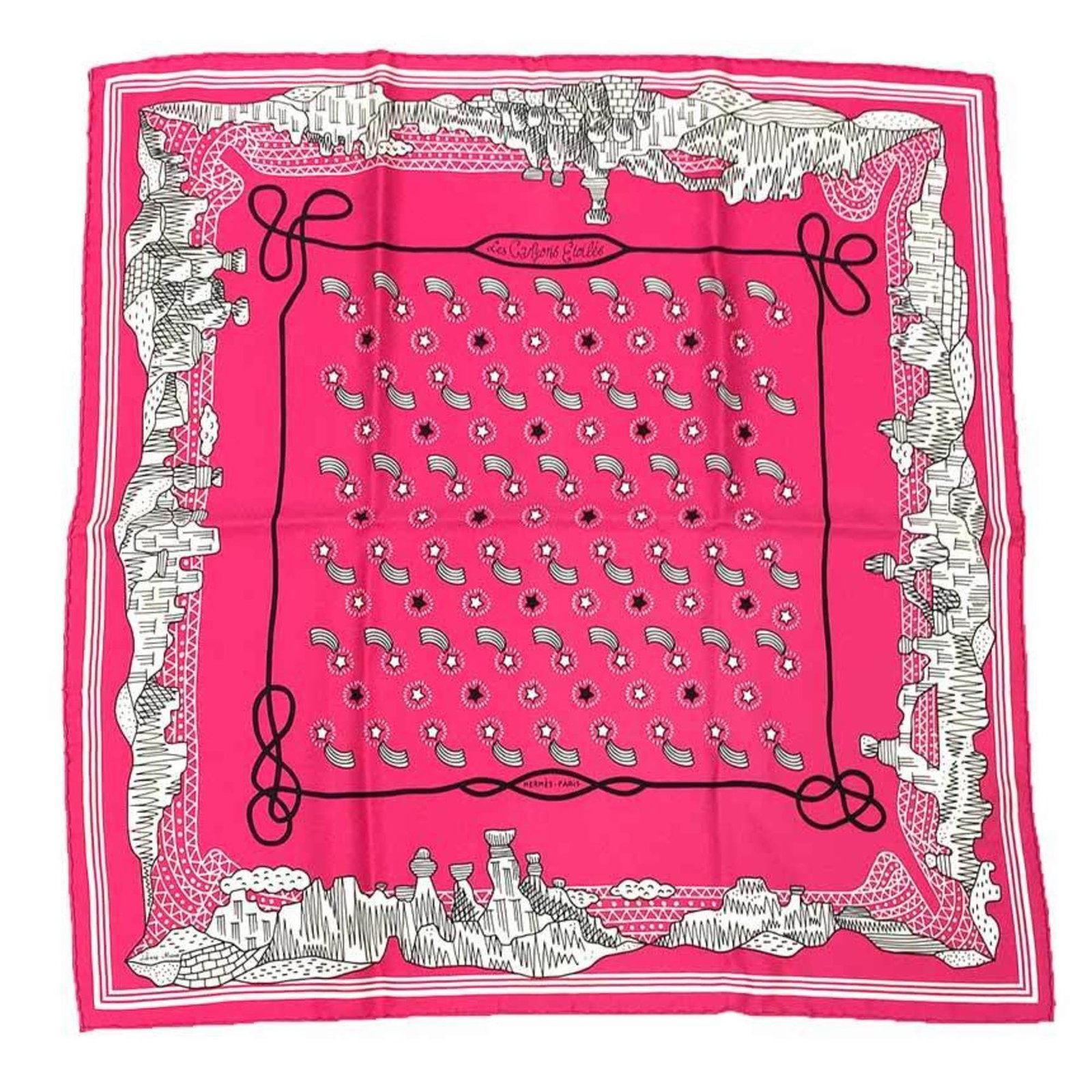 Hermes silk scarf: Hermes silk scarf Silk scarf from renowned French fashion house Hermes, featuring a vibrant pink hue. Made from high-quality silk, measuring 55cm x 55cm in size. This elegant accessory showcases the t