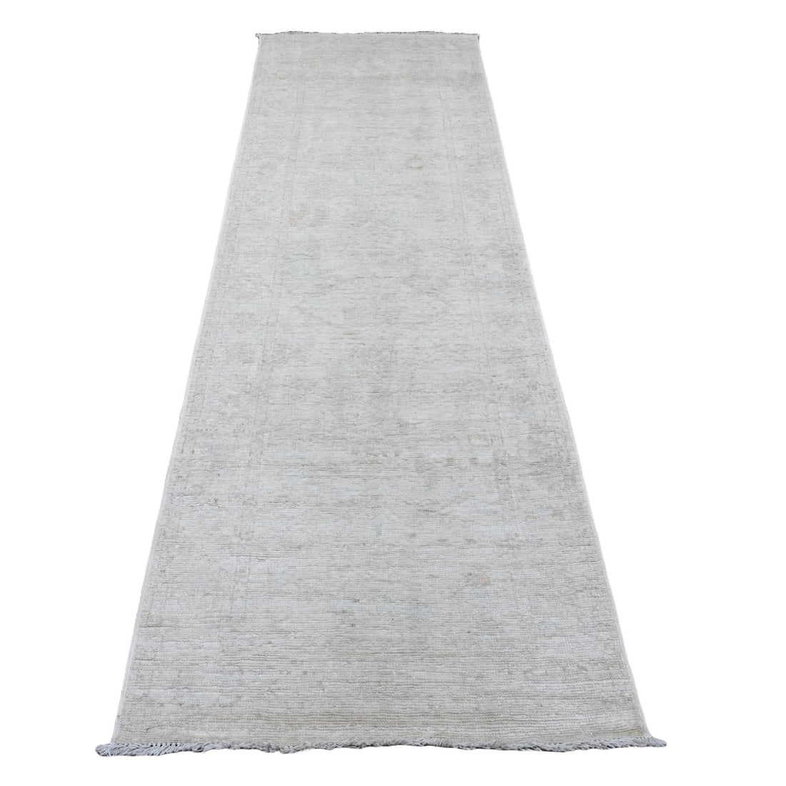 3'x9'7" Medium Gray Afghan Angora Oushak Hand Knotted All Wool Runner Rug: 3'x9'7" Medium Gray Afghan Angora Oushak Hand Knotted All Wool Runner Rug The Oushak hand-knotted wool runner rug boasts a stunning medium gray color and intricate oriental design, crafted from