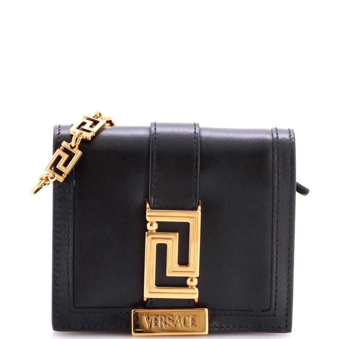 Versace Greca Goddess Wallet on Chain Leather Mini: Versace Greca Goddess Wallet on Chain Leather Mini The Versace Greca Goddess Wallet on Chain Leather Mini boasts sleek, sophisticated design with its black leather exterior and gold hardware. This