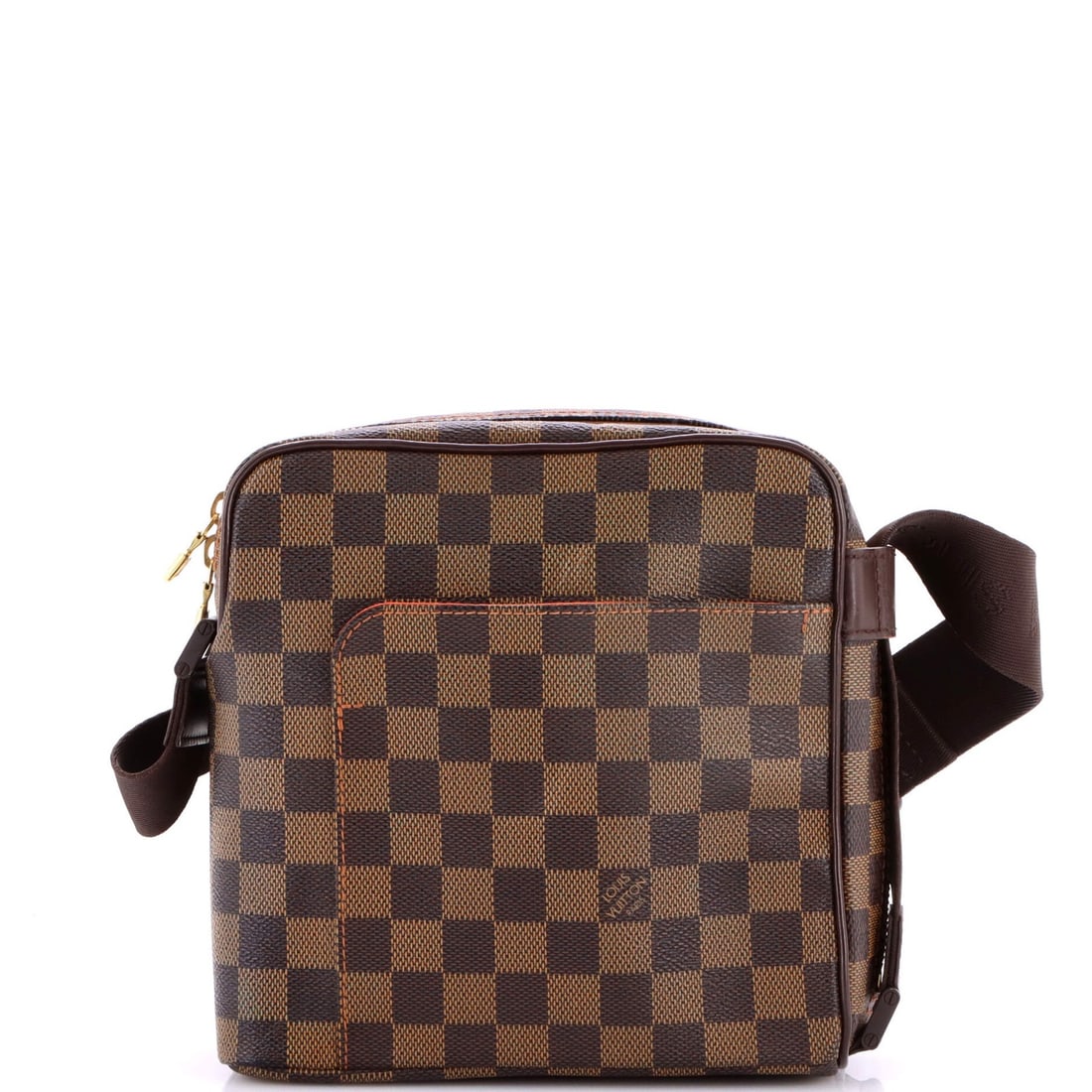 Damier PM Handbag Louis Vuitton Olav: Damier PM Handbag Louis Vuitton Olav Brown Damier PM messenger handbag from Louis Vuitton, featuring canvas coated exterior with minor creases and gold hardware. The interior boasts a moderate odor an