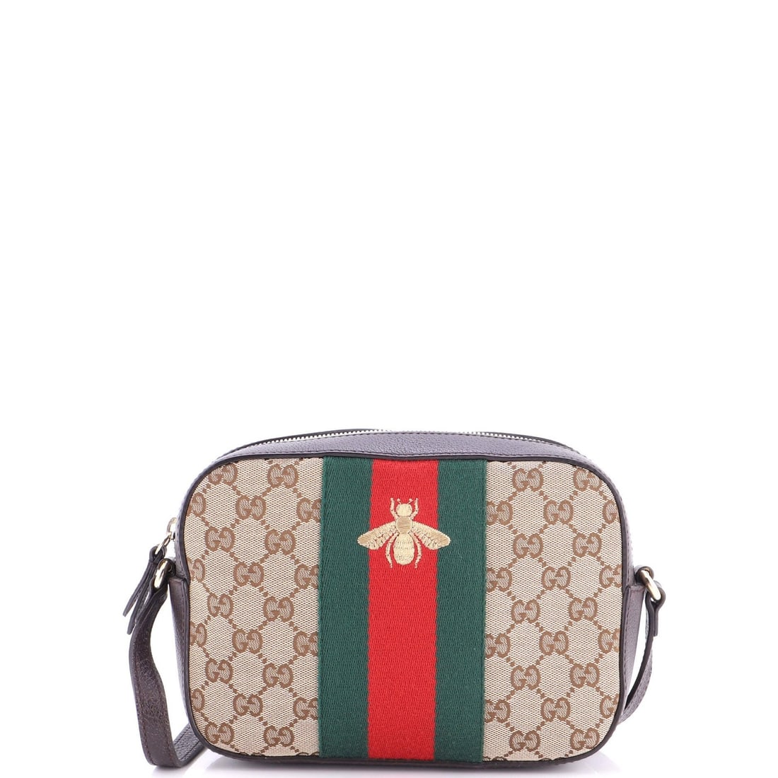 Gucci Bee Web Camera Bag Canvas GG: Gucci Bee Web Camera Bag Canvas GG The Gucci Bee Web Camera Bag Canvas GG boasts a rich brown canvas exterior with subtle minor creases, corner wear, and scuffs. This stylish cross-body bag features