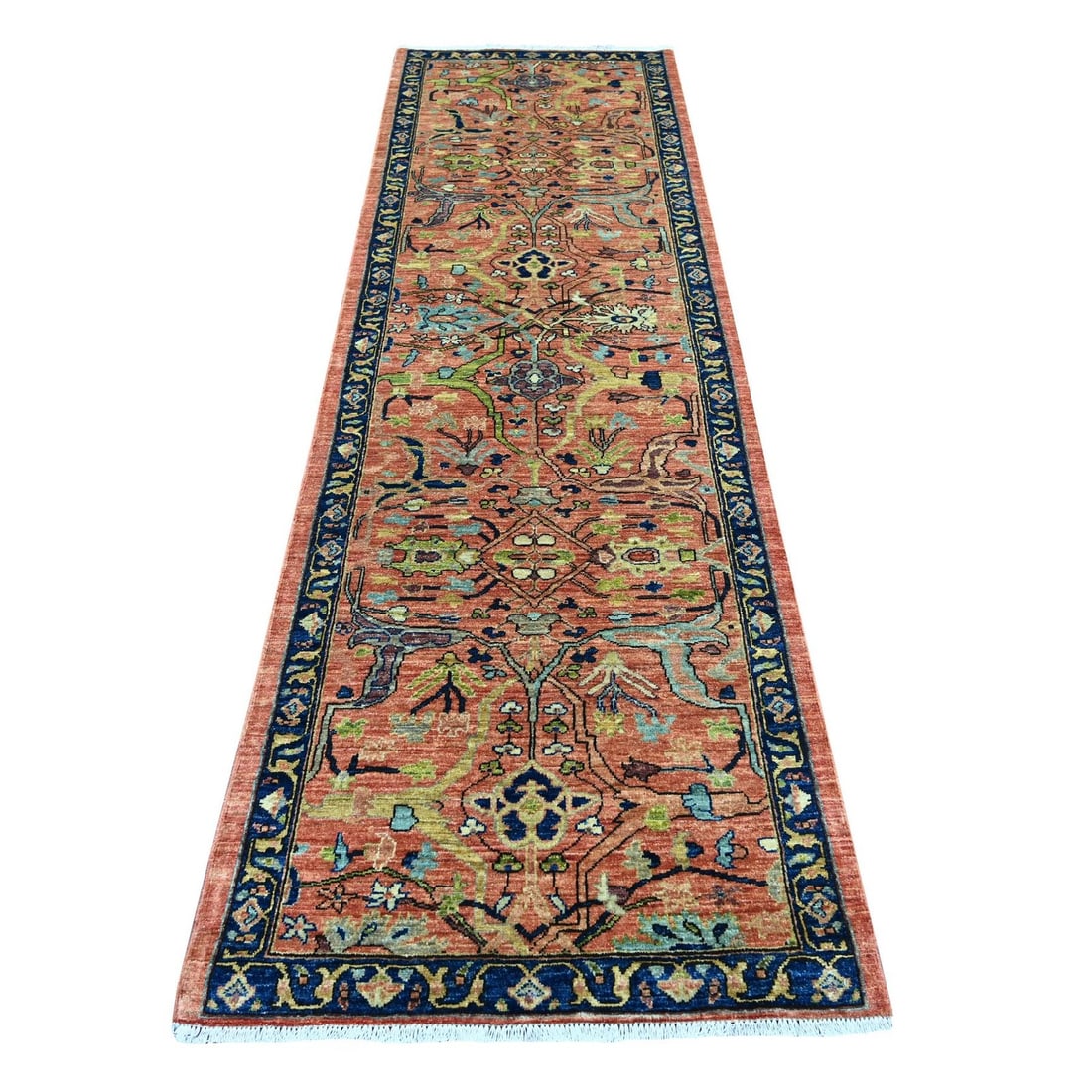 2'10"x9'5" Coral Red Bijar Garus Design Hand Knotted Soft Wool Runner Rug: 2'10"x9'5" Coral Red Bijar Garus Design Hand Knotted Soft Wool Runner Rug Soft and vibrant, this hand-knotted wool runner rug boasts an all-over coral red Peshawar design, measuring 2'10"x9'5" in a st