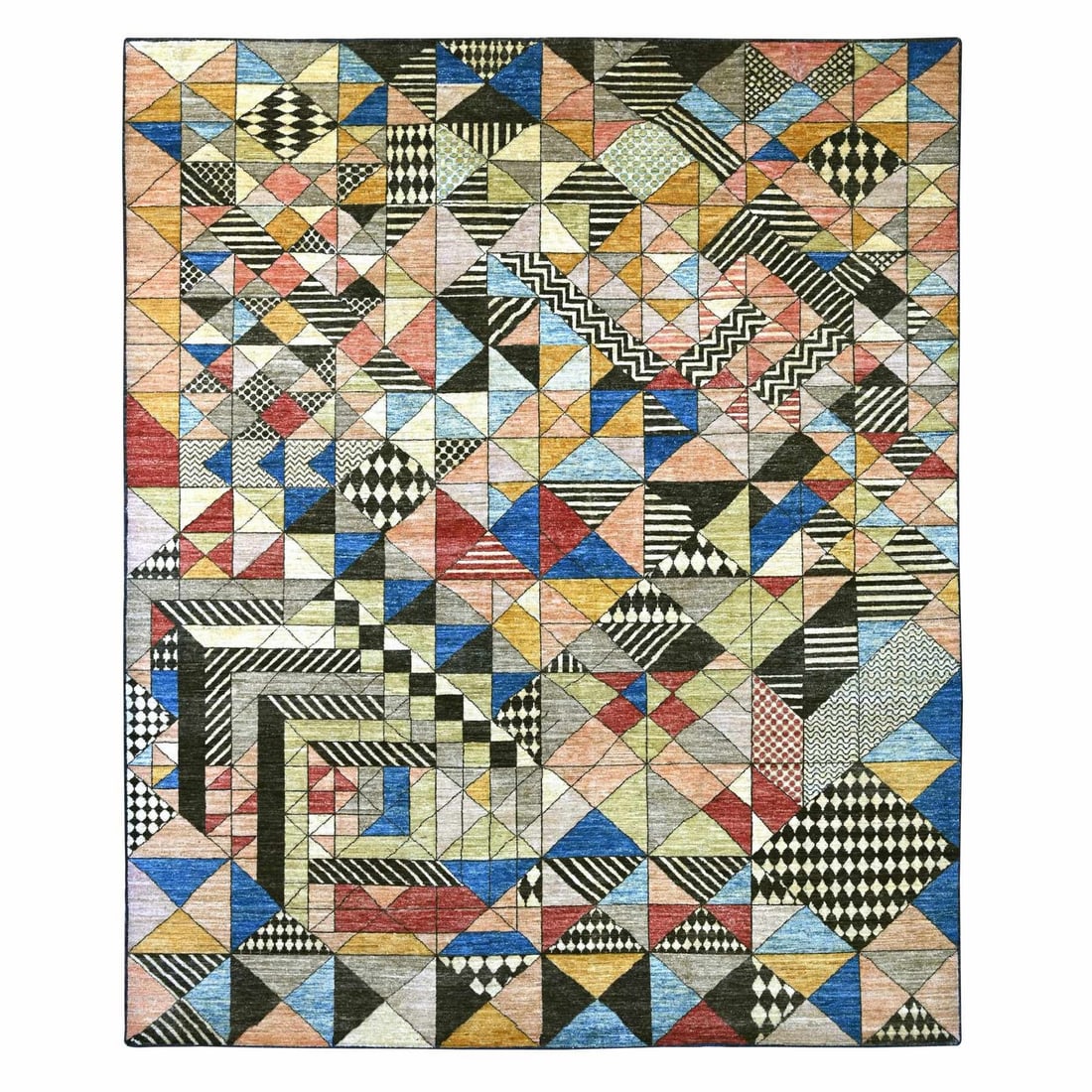 8'x9'8" Colorful Bauhaus Inspired Geometric Pattern Hand Knotted Wool Rug: 8'x9'8" Colorful Bauhaus Inspired Geometric Pattern Hand Knotted Wool Rug Colorful Bauhaus Inspired Geometric Pattern Hand Knotted Wool Rug measures 8'1" x 9'8". This rectangular field rug features a 