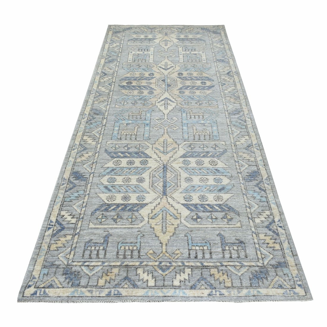 4'1"x9'9" Wool Hand Knotted Gray Anatolian Inspired Wide Runner Rug: 4'1"x9'9" Wool Hand Knotted Gray Anatolian Inspired Wide Runner Rug This stunning wool hand-knotted gray Anatolian-inspired wide runner rug boasts an impressive size, measuring 117 inches in length