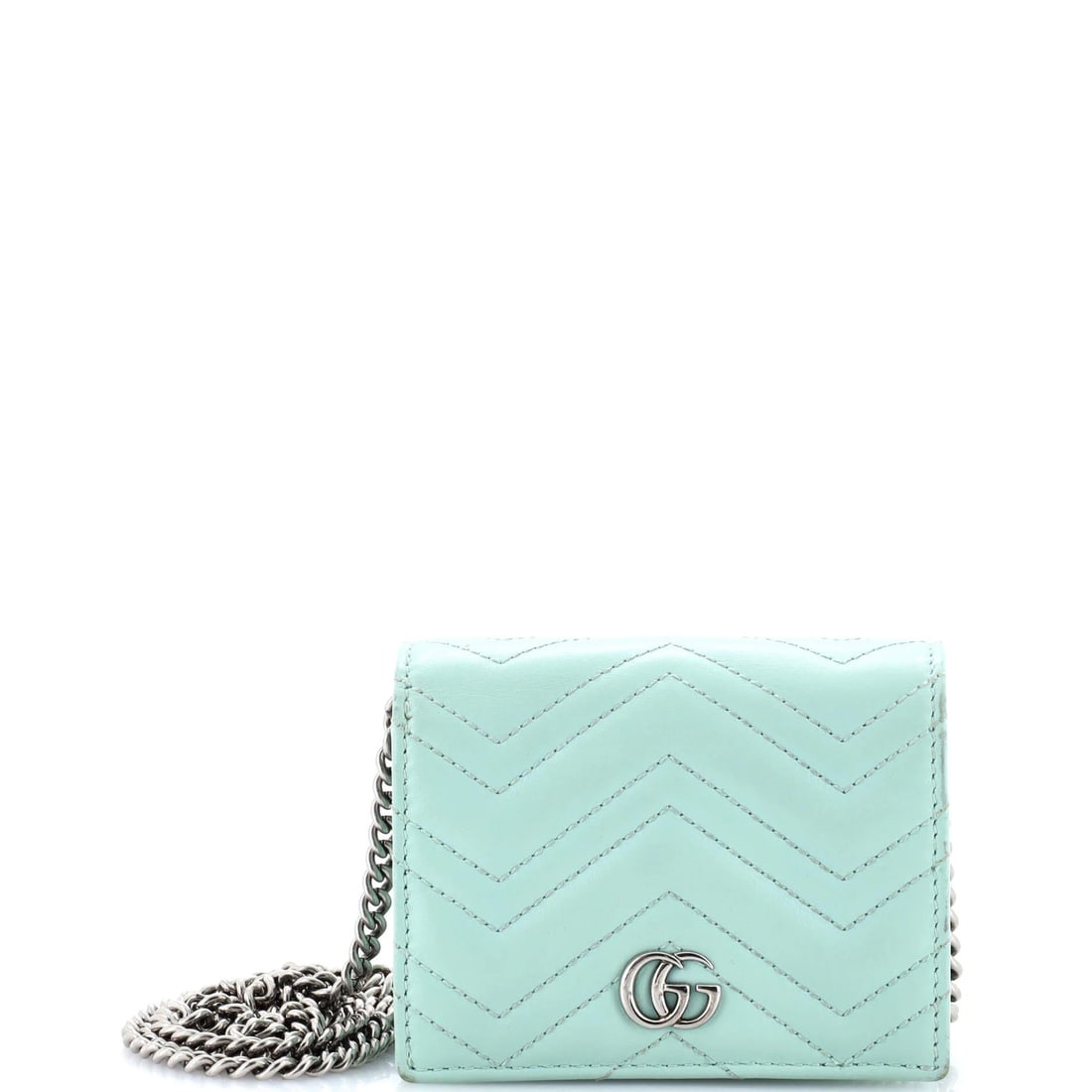 Gucci GG Marmont Card Case on Chain Matelasse Leather: Gucci GG Marmont Card Case on Chain Matelasse Leather Small Goods Card Case on Chain Matelasse Leather from Gucci's iconic GG Marmont design, featuring blue exterior and interior with silver hardware.