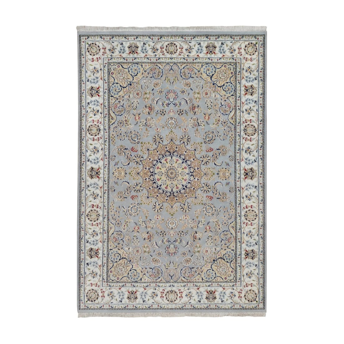 6'1"x9' Stone Blue Nain 250 KPSI Wool & Silk Hand Knotted Oriental Rug: 6'1"x9' Stone Blue Nain 250 KPSI Wool & Silk Hand Knotted Oriental Rug The Nain 250 KPSI Wool & Silk Hand Knotted Oriental Rug boasts a stunning stone blue color and intricate medallion pattern,