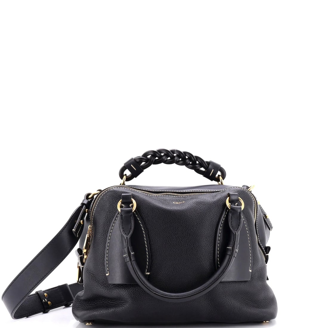 Leather medium bag for Chloe: Leather medium bag for Chloe Blue leather medium bag from Chloe with gold hardware, featuring a shoulder strap and measuring 9" x 13" x 6". The exterior shows minor scuffs and creases, while the
