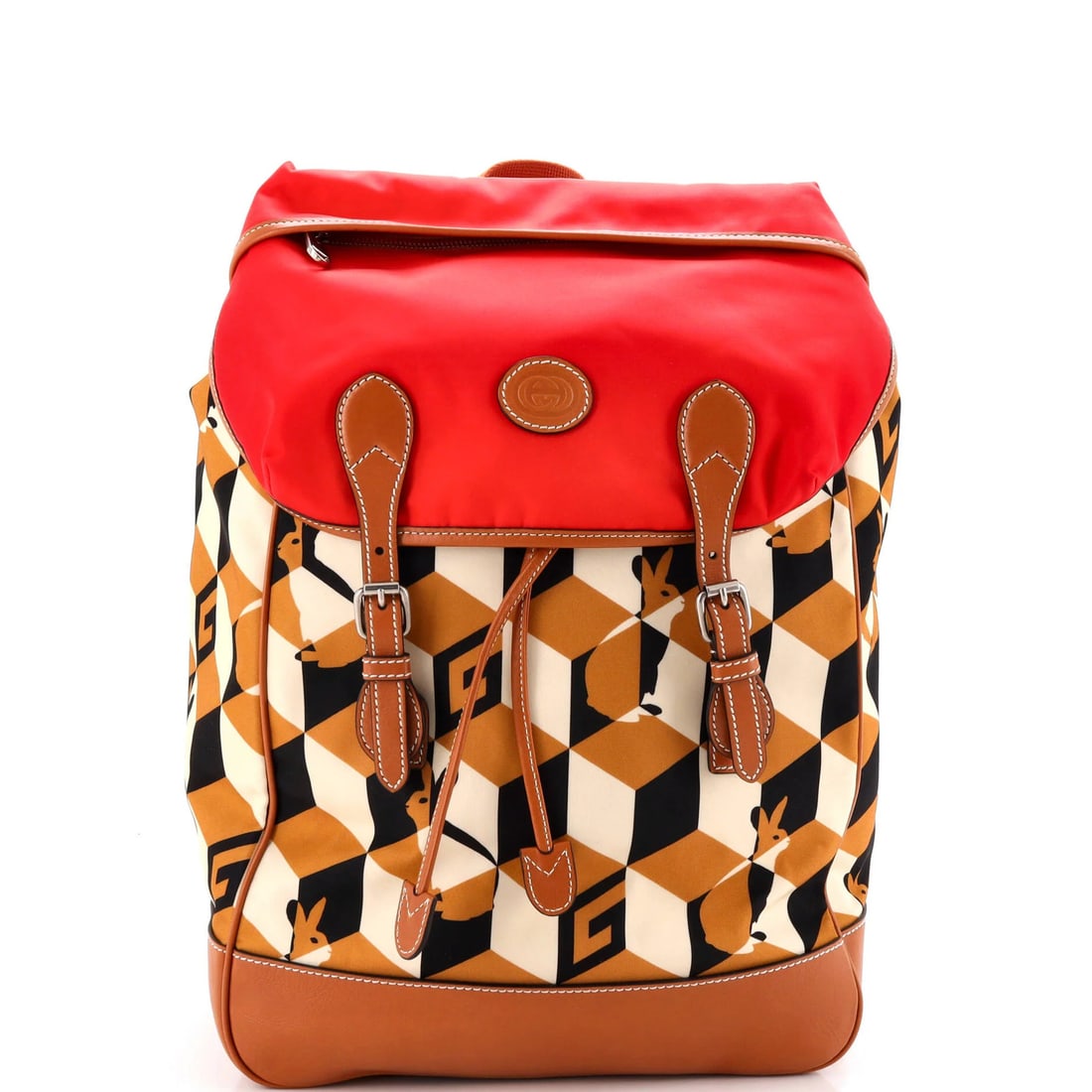 Interlocking G Patch Flap Backpack Nylon Printed Canvas: Interlocking G Patch Flap Backpack Nylon Printed Canvas Canvas and nylon backpack with interlocking G patch flap, featuring a neutral color exterior and silver hardware. The bag has a classic design
