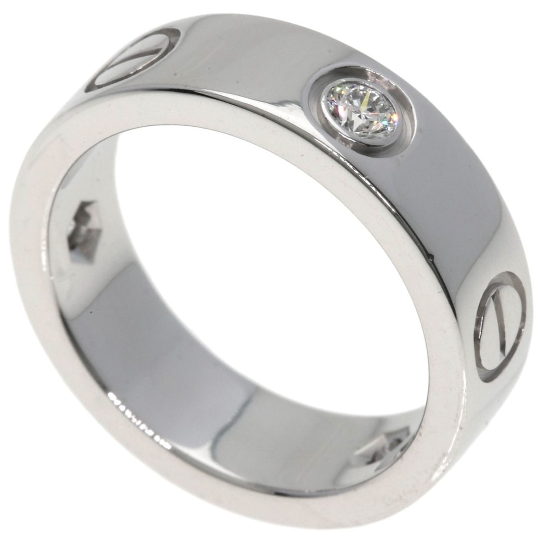 Love ring with diamond K18 white gold half cartier: Love ring with diamond K18 white gold half cartier K18 white gold half Cartier ring features a diamond set in silver metal, with the main stone being a high-quality diamond. The ring's purity is K18, 