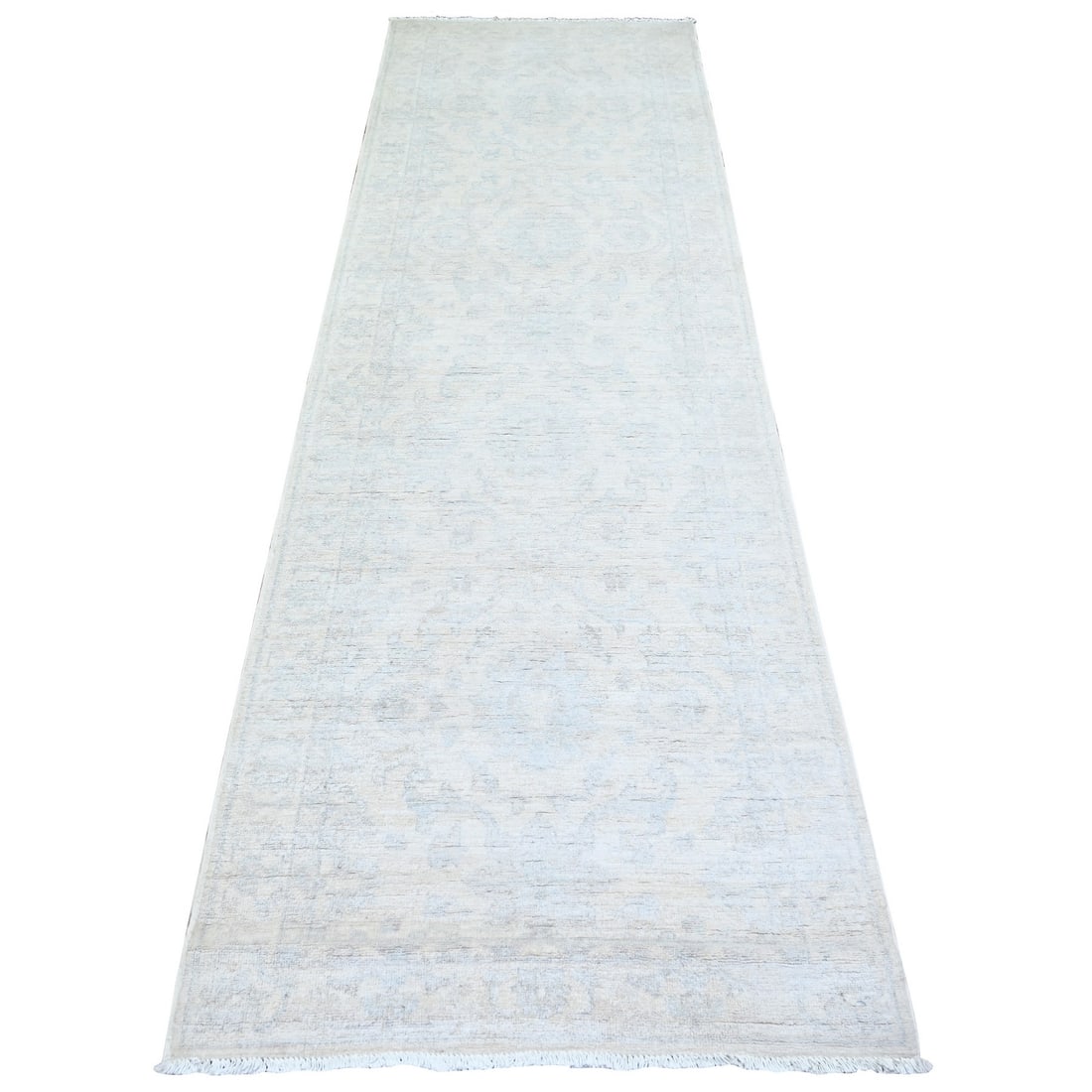 3'x9'4" Feather White Wash Peshawar Wool Hand Knotted Runner Rug: 3'x9'4" Feather White Wash Peshawar Wool Hand Knotted Runner Rug This stunning 3'x9'4" Feather White Wash Peshawar Wool Hand Knotted Runner Rug boasts an exquisite ivory color and intricate oriental