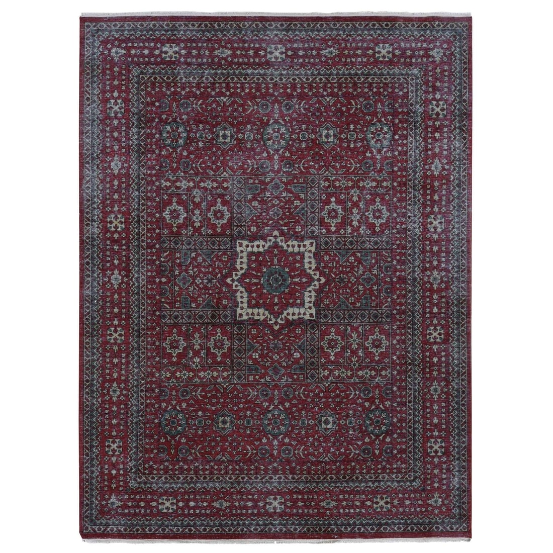 Red Vintage Look 9'x12' Mamluk Wool Hand Knotted Rug: Red Vintage Look 9'x12' Mamluk Wool Hand Knotted Rug The Red Vintage Look Mamluk Wool Hand Knotted Rug boasts a stunning red color, characteristic of the Mamluk style, with intricate patterns and a