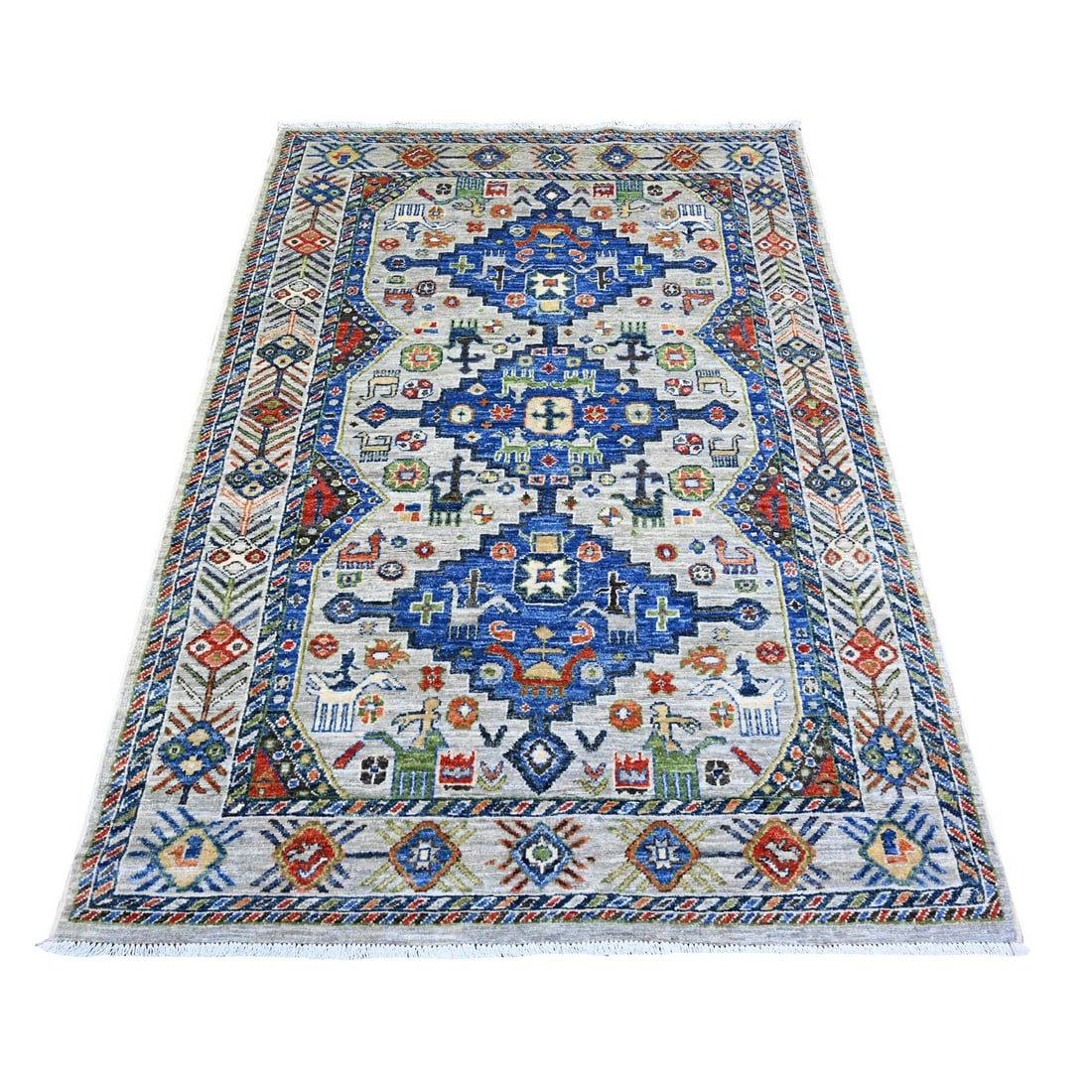 4'1"x6'2" Gray Wool Sheeraz Animal and Human Figurines Hand Knotted Rug: 4'1"x6'2" Gray Wool Sheeraz Animal and Human Figurines Hand Knotted Rug The Afghan Hand-Knotted Wool Rug boasts an elegant gray color and intricate oriental design, crafted from soft wool fibers.