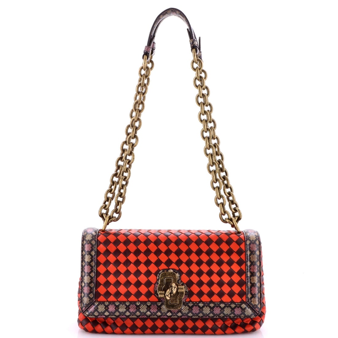 Bottega Veneta Club Stitch Olimpia Knot Flap Bag Intrecciato Nappa and Snakeskin: Bottega Veneta Club Stitch Olimpia Knot Flap Bag Intrecciato Nappa and Snakeskin Bottega Veneta's Club Stitch Olimpia Knot Flap Bag boasts an iconic multicolor design, expertly woven with Intrecciato 