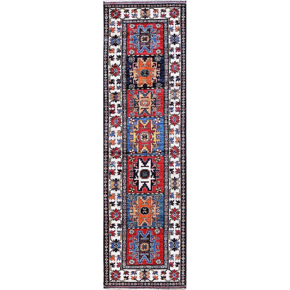 2'10"x9'8" Colorful Caucasian Design Revival Hand Knotted Wool Runner Rug: 2'10"x9'8" Colorful Caucasian Design Revival Hand Knotted Wool Runner Rug Colorful and vibrant, this hand-knotted wool runner rug boasts an eye-catching geometric design in shades of red, blue, green,