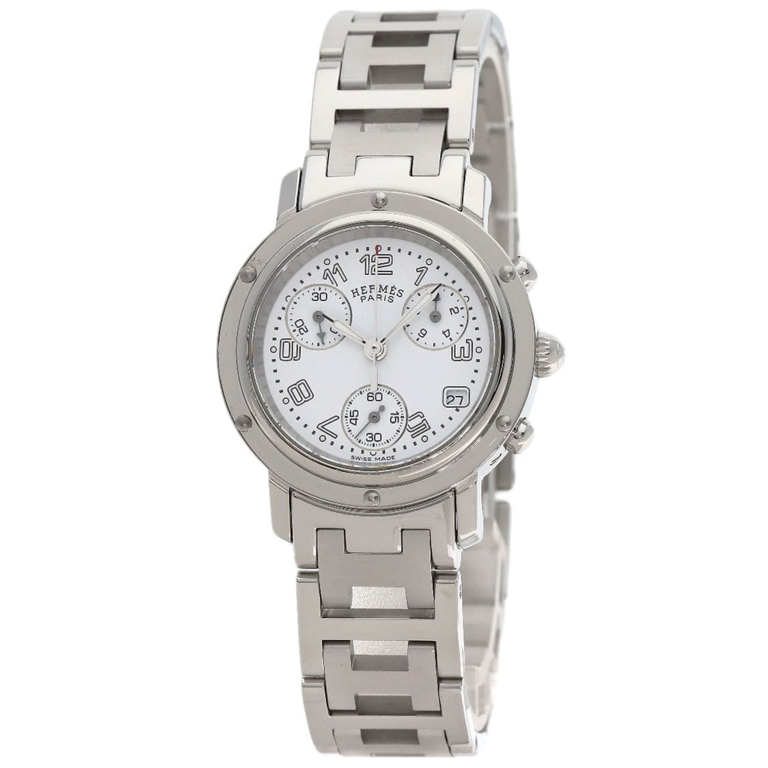 Hermes Clipper Chrono Watches Cl1.310 Stainless Steel/ Stainless Steel: Hermes Clipper Chrono Watches Cl1.310 Stainless Steel/ Stainless Steel Stainless steel case with a silver bezel and white dial, featuring a chronograph movement for precise timekeeping. This quartz-po