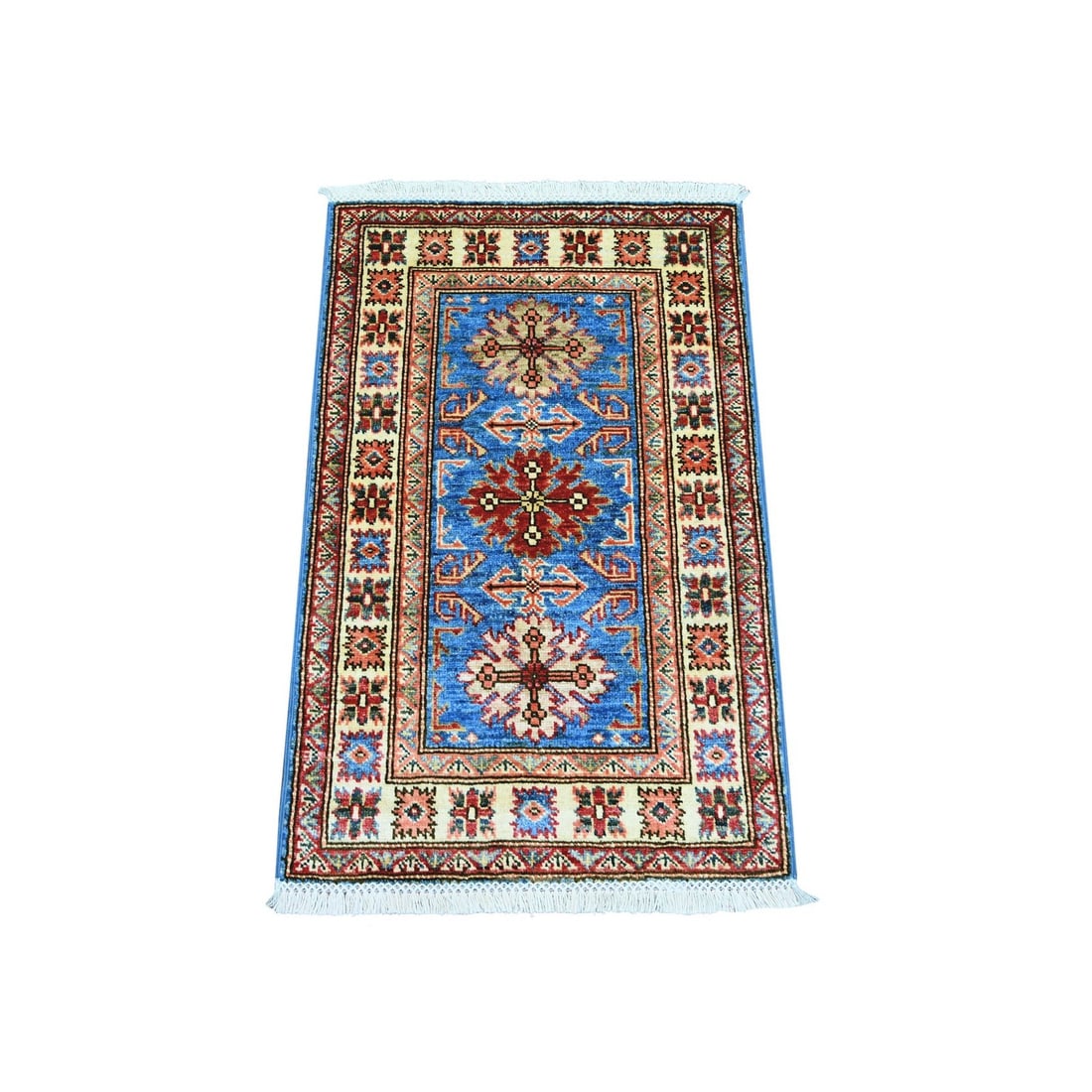 2'x3' Blue Afghan Super Kazak Hand Knotted Pure Wool Sample Mat Rug: 2'x3' Blue Afghan Super Kazak Hand Knotted Pure Wool Sample Mat Rug Hand-knotted in pure wool, this stunning Blue Afghan Super Kazak rug boasts an all-over regional design in shades of blue and other