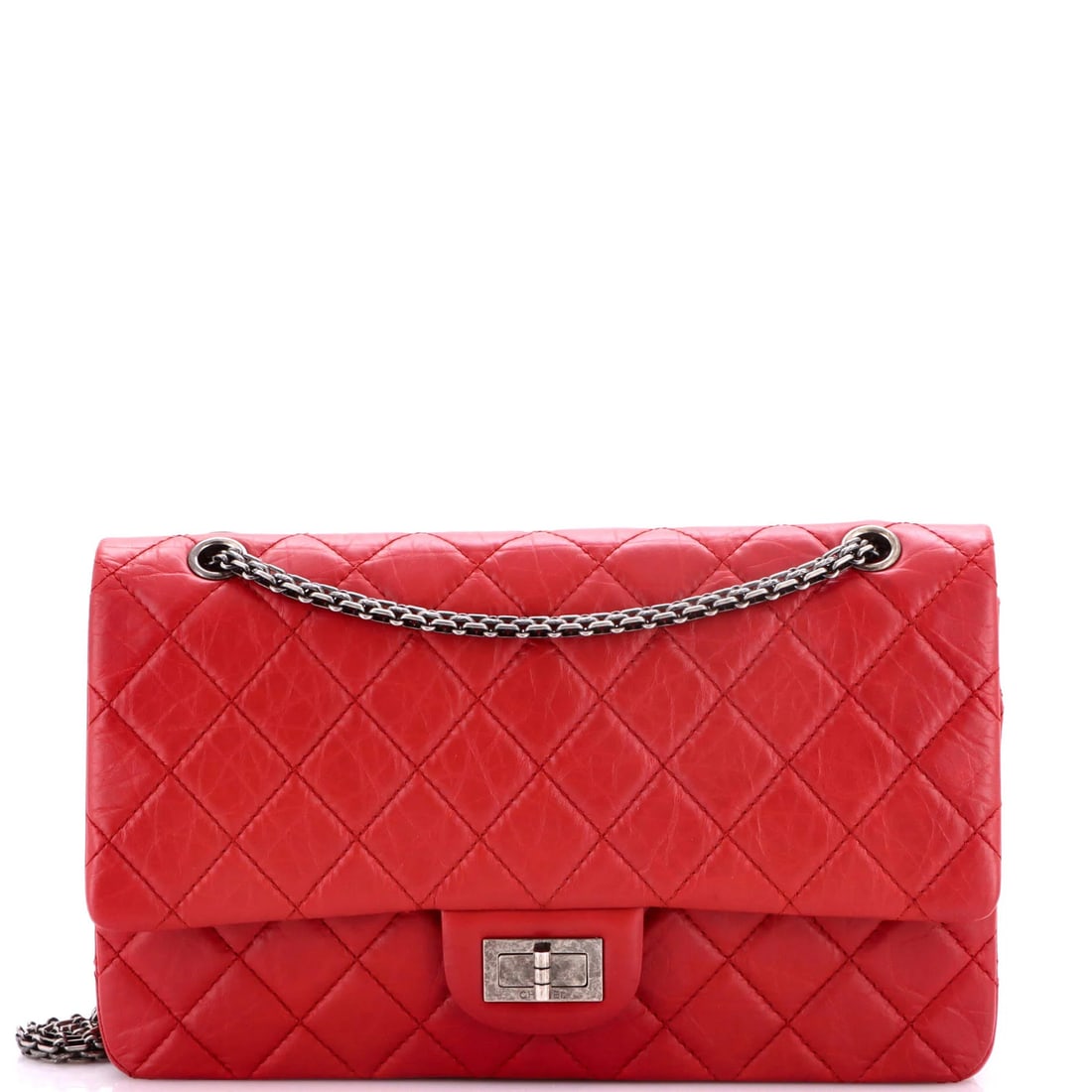 Chanel Aged Calfskin Bag Reissue Quilted 2.55 Flap: Chanel Aged Calfskin Bag Reissue Quilted 2.55 Flap Aged Calfskin Quilted 2.55 Flap Bag in Red, featuring quilted design and aged silver hardware, available in a classic shoulder bag style with a red