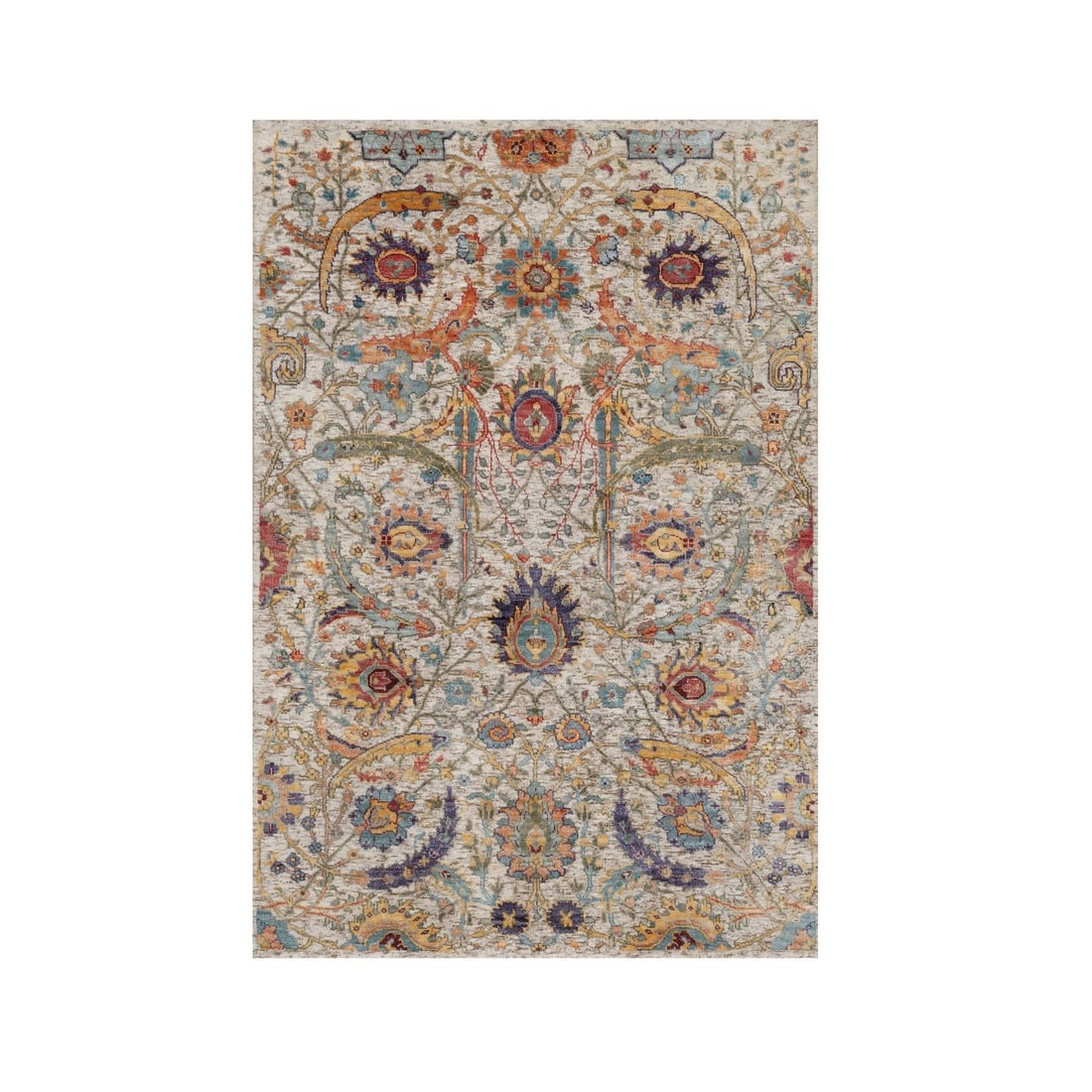 4'x6' Ivory Silk with Textured Wool Rug Sickle Leaf Design Hand Knotted: 4'x6' Ivory Silk with Textured Wool Rug Sickle Leaf Design Hand Knotted Hand-knotted with wool and silk, this stunning 4'x6' Sickle Leaf design rug boasts intricate floral patterns in a rich ivory col