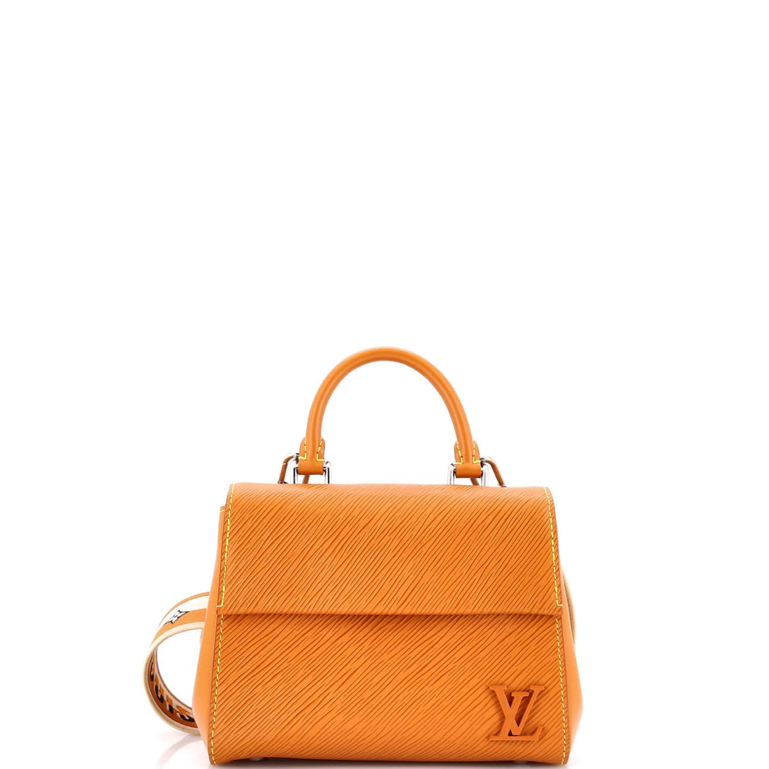 Louis Vuitton Cluny Top Handle Bag Epi Leather Mini: Louis Vuitton Cluny Top Handle Bag Epi Leather Mini The Louis Vuitton Cluny Top Handle Bag Epi Leather Mini boasts a rich brown exterior with minor creases and scuffs, adding to its understated