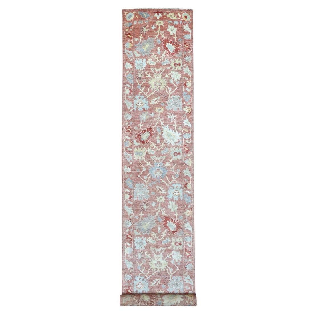 3'x19'9" Hand Knotted Coral Red Angora Oushak Pure Wool XL Runner Rug: 3'x19'9" Hand Knotted Coral Red Angora Oushak Pure Wool XL Runner Rug Hand-knotted in pure wool, this vibrant Coral Red Oushak rug boasts an impressive 3'0" x 19'9" size and a striking field color