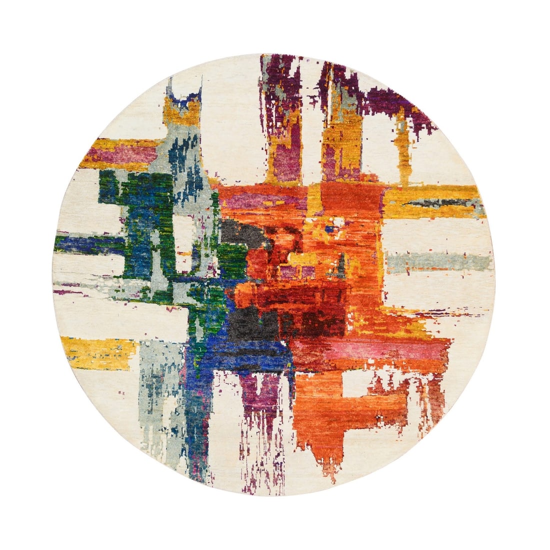 Colorful Modern Design Wool Silk Hand Knotted Round Rug: Colorful Modern Design Wool Silk Hand Knotted Round Rug 100% Wool, Multi-Colored Design in Modern Style, Hand-Knotted Round Rug with 60" Diameter. This vibrant rug features a unique blend of colors