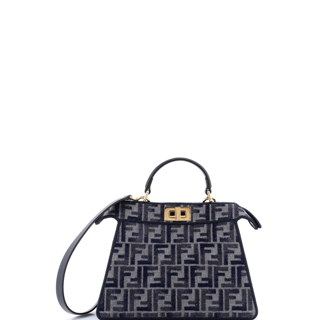 Fendi Peekaboo ISeeU Bag Zucca Velvet Jacquard Small: Fendi Peekaboo ISeeU Bag Zucca Velvet Jacquard Small Small Fendi Peekaboo ISeeU Bag Zucca Velvet Jacquard in blue features a velvet and jacquard exterior with gold hardware. The bag has some signs of