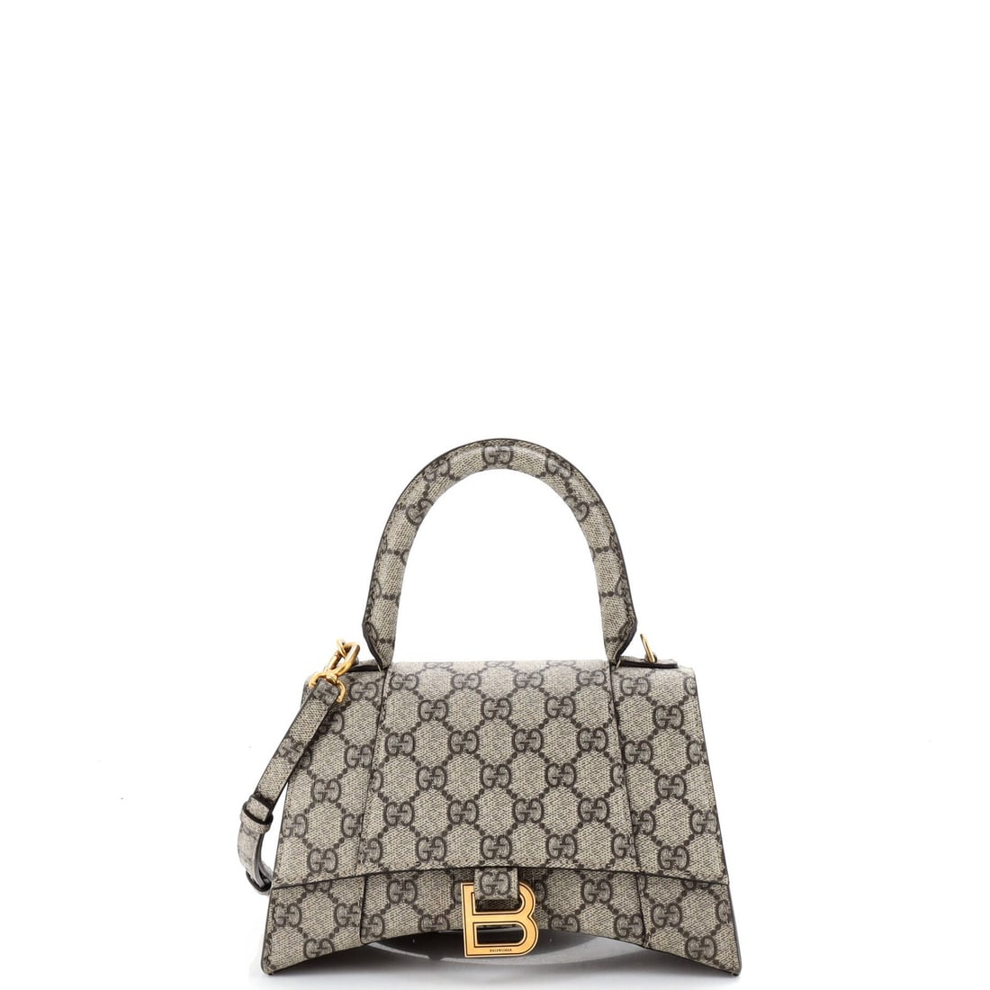 Gucci x Balenciaga The Hacker Project Hourglass Top Handle Bag GG Coated Canvas: Gucci x Balenciaga The Hacker Project Hourglass Top Handle Bag GG Coated Canvas The Gucci x Balenciaga The Hacker Project Hourglass Top Handle Bag GG Coated Canvas features a striking brown canvas