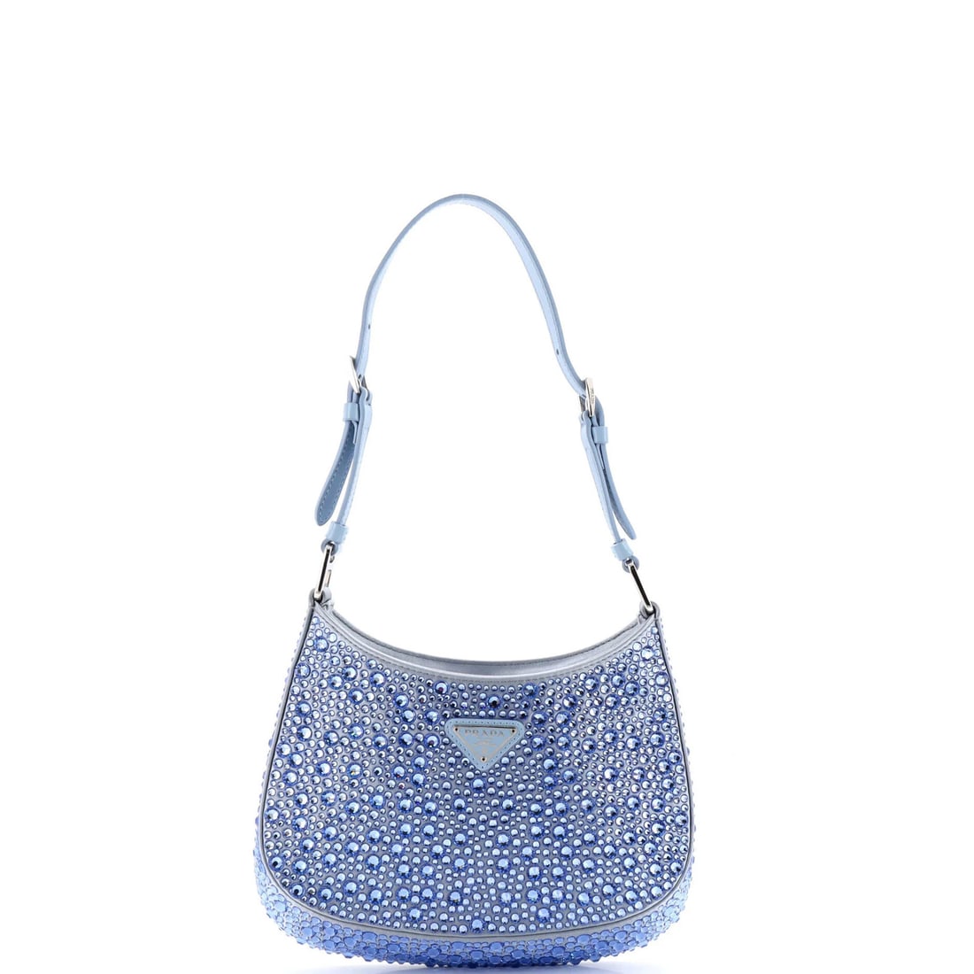 Small Satin Shoulder Bag Cleo Crystal Embellished Prada: Small Satin Shoulder Bag Cleo Crystal Embellished Prada Crystal-embellished Prada Cleo shoulder bag in blue satin, featuring a cross body design with silver hardware. The small size and sleek style
