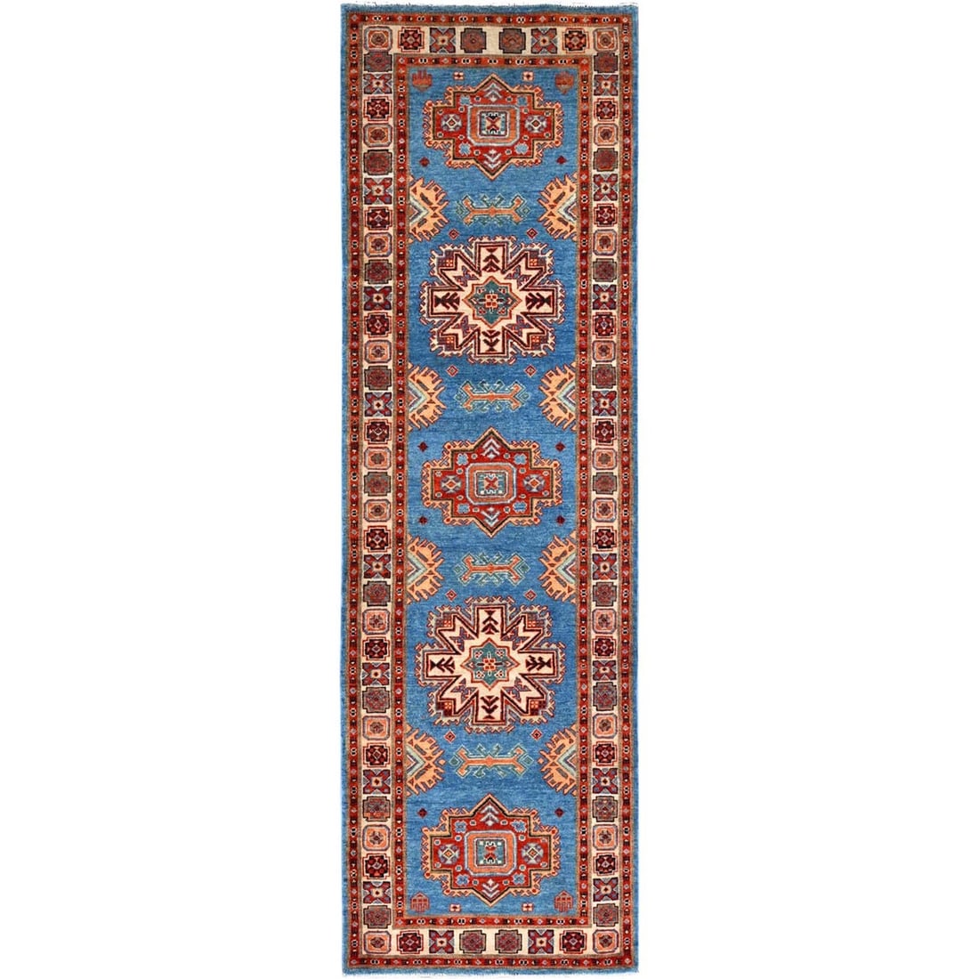 2'10"x9'7" Jelly Bean Blue Special Kazak Hand Knotted Wool Runner Rug: 2'10"x9'7" Jelly Bean Blue Special Kazak Hand Knotted Wool Runner Rug The Kazak Hand Knotted Wool Runner Rug boasts an impressive size and striking blue color, measuring 2'10" x 9'7". This flatweave w