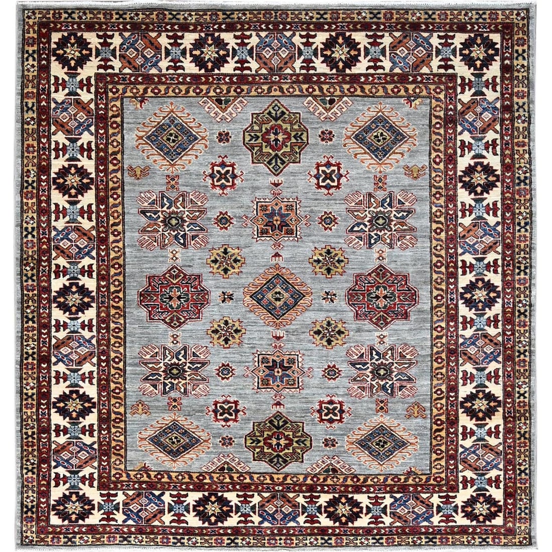 6'x6' Gray Afghan Super Kazak Wool Hand Knotted Oriental Square Rug: 6'x6' Gray Afghan Super Kazak Wool Hand Knotted Oriental Square Rug 6'x6' Gray Afghan Super Kazak Wool Hand Knotted Oriental Square Rug boasts a stunning flatweave design, characteristic of traditiona