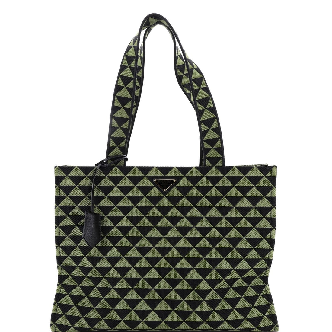 Jacquard Horizontal Symbole Shopper Tote Prada: Jacquard Horizontal Symbole Shopper Tote Prada Canvas Plain Jacquard Horizontal Symbole Shopper Tote in Green with Black Interior and Gold Hardware. This Prada Symbole Shopper Tote boasts a striking