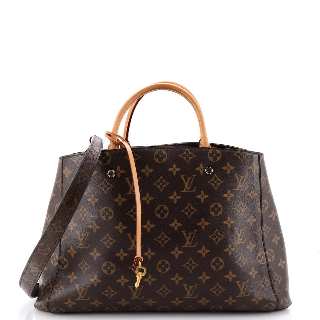 Louis Vuitton Montaigne Handbag Monogram Canvas GM: Louis Vuitton Montaigne Handbag Monogram Canvas GM Brown Louis Vuitton Montaigne Handbag Monogram Canvas GM with gold hardware, featuring a classic tote design and signature monogram pattern. The bag
