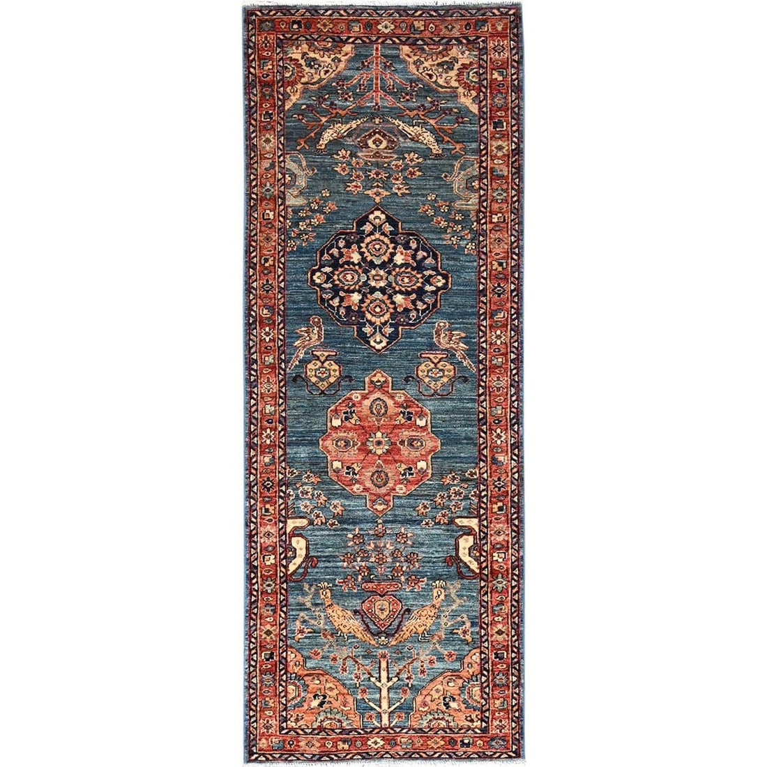 2'9"x7'8" Blue Tebraz Design with Peacocks Rug Wool Hand Knotted Runner (1 of 7)
