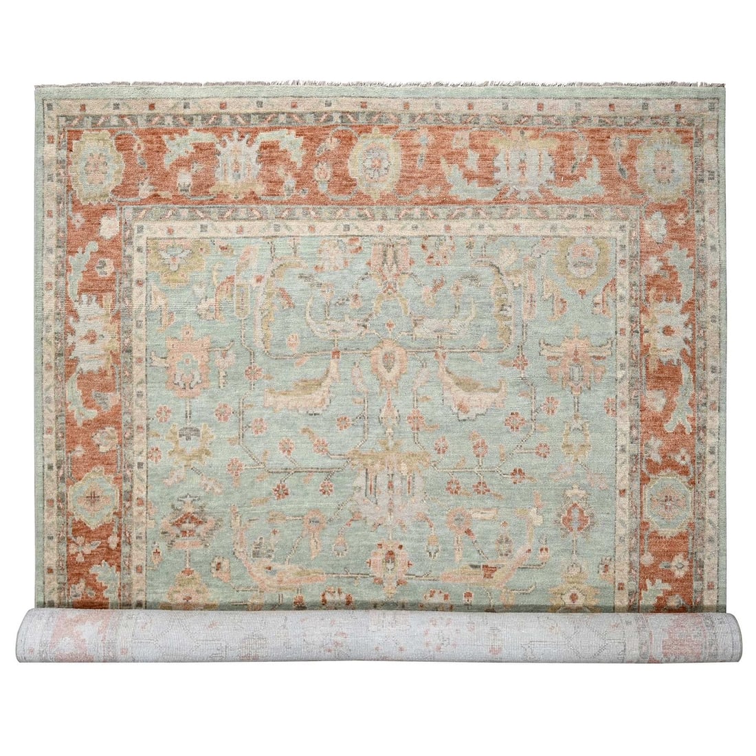 11'10"x14'8" Sage Green Hand Knotted Oushak Design Wool Over Oriental Rug: 11'10"x14'8" Sage Green Hand Knotted Oushak Design Wool Over Oriental Rug Sage green and red hues blend in harmony on this stunning 11'10"x14'8" hand-knotted Oushak design wool over Oriental rug,