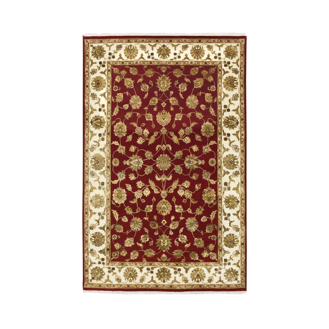 6'x9'2" Ruby Red Rajasthan with Leaf Design Hand Knotted Wool & Silk Rug: 6'x9'2" Ruby Red Rajasthan with Leaf Design Hand Knotted Wool & Silk Rug The Ruby Red Rajasthan rug boasts an exquisite leaf design in rich red hues, set against a vibrant background. Hand-knotted